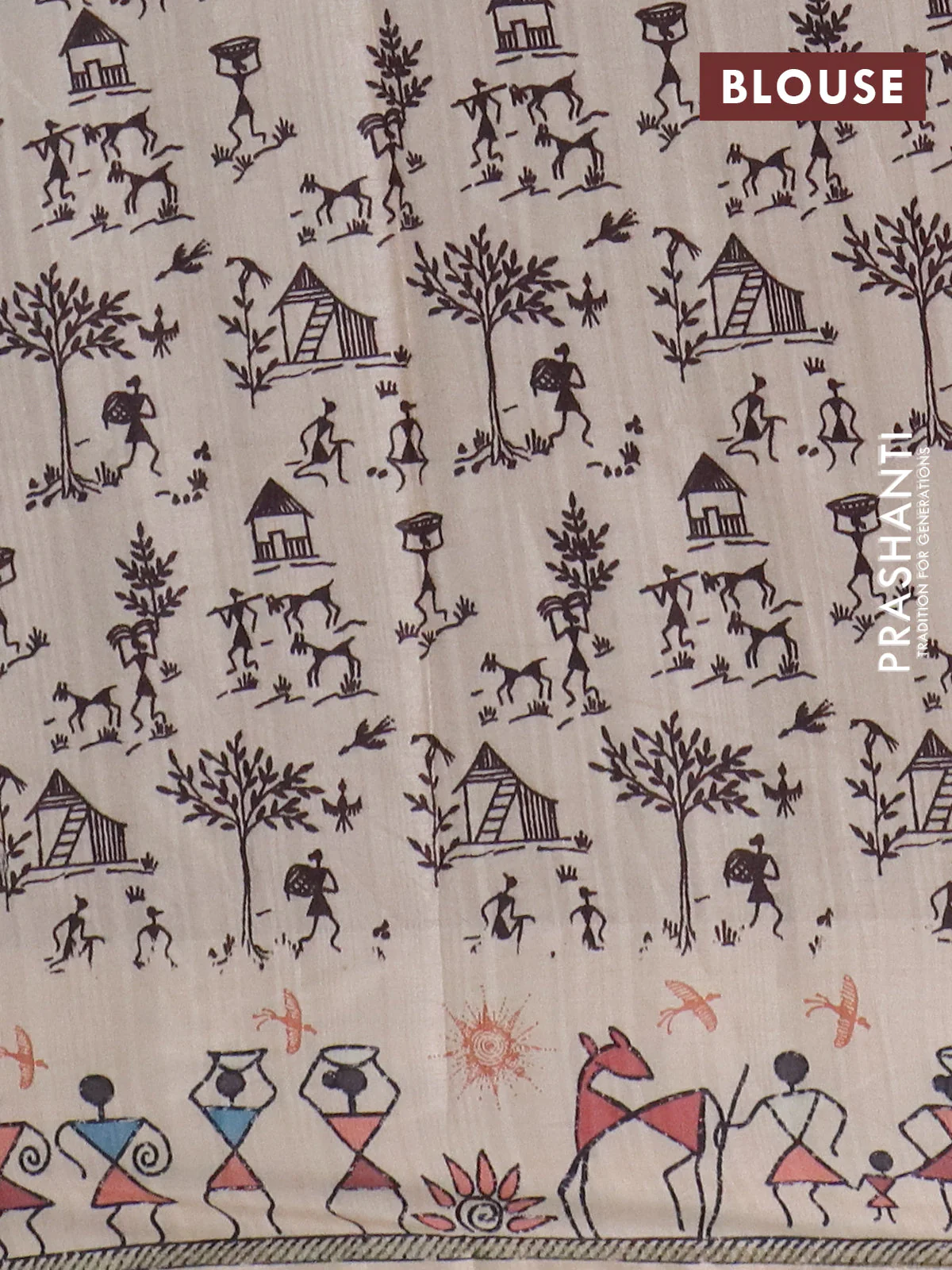 Semi tussar saree pastel brown and cream with allover zari checks & warli prints  and printed border - Image 4