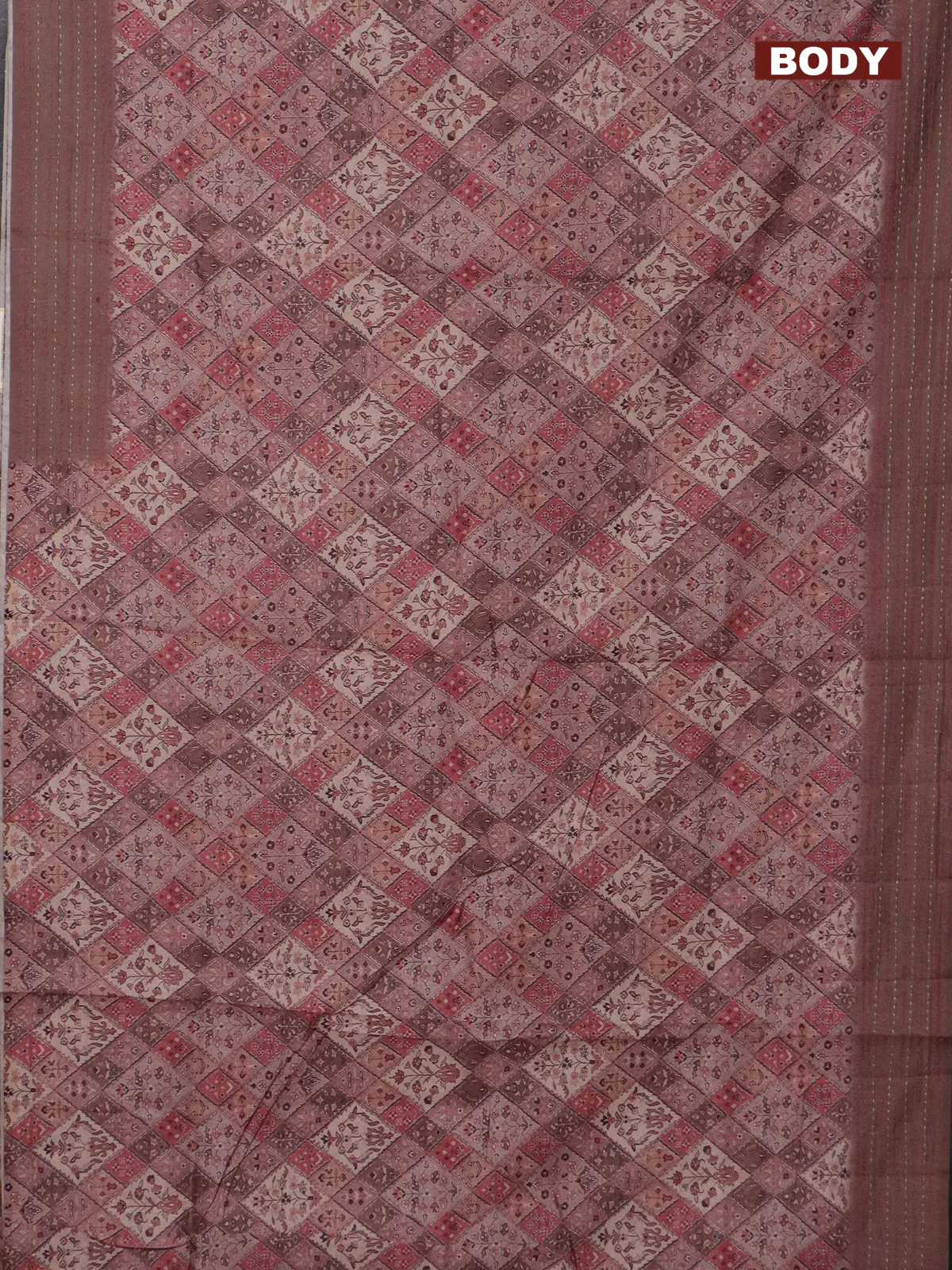 Semi tussar saree pastel brown with allover prints and kantha stitich work border - Image 2