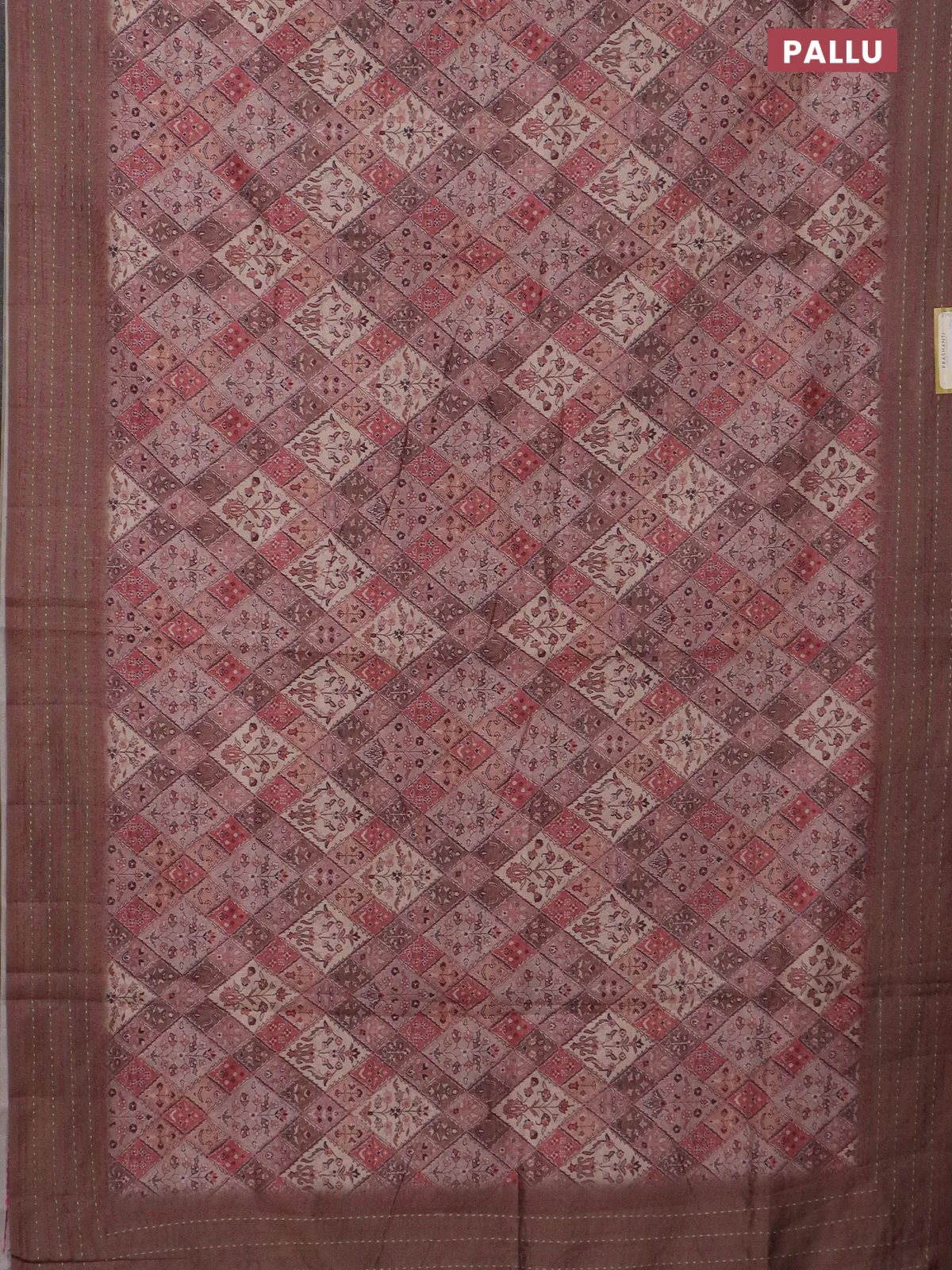 Semi tussar saree pastel brown with allover prints and kantha stitich work border - Image 3