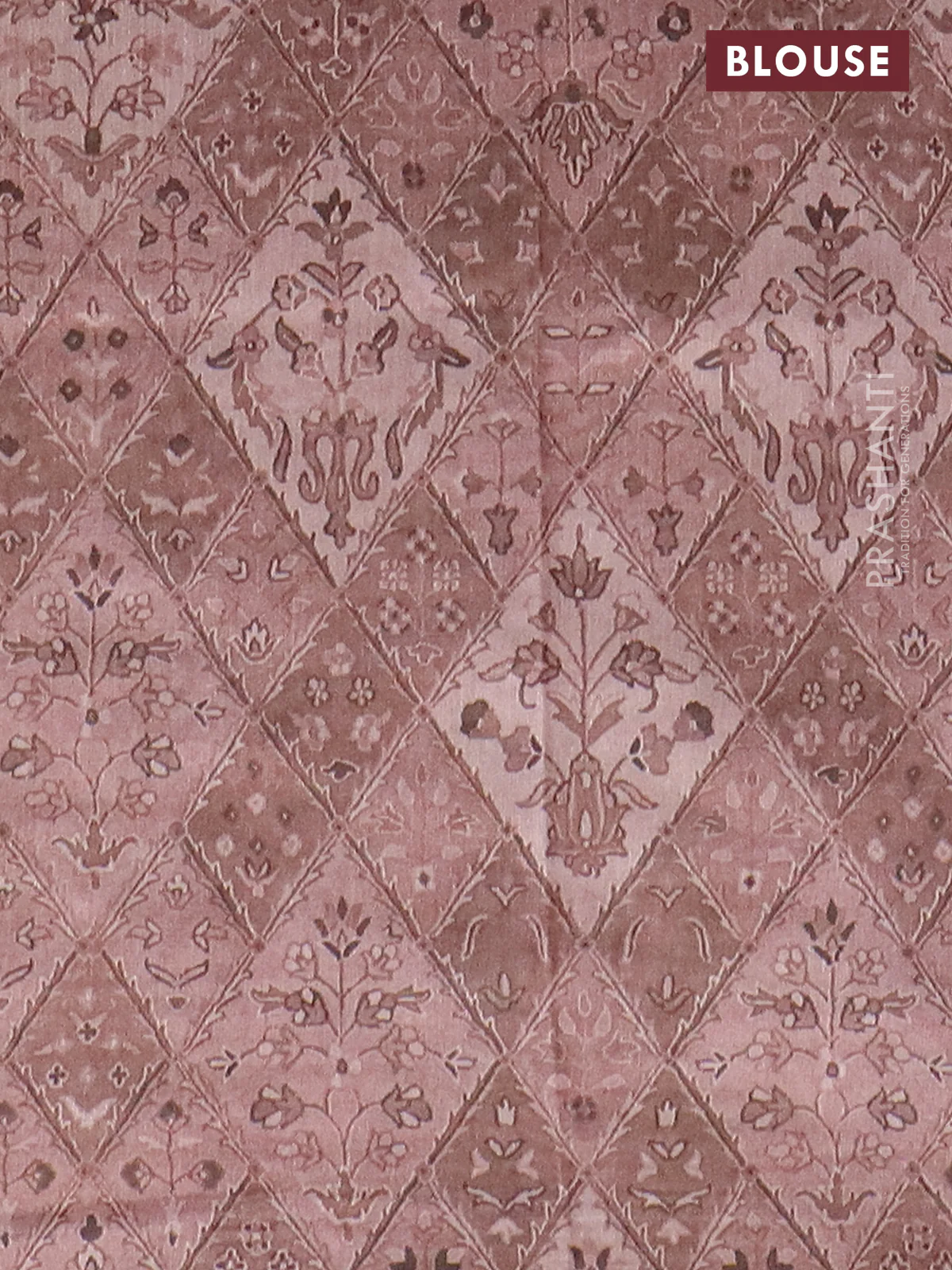 Semi tussar saree pastel brown with allover prints and kantha stitich work border - Image 4
