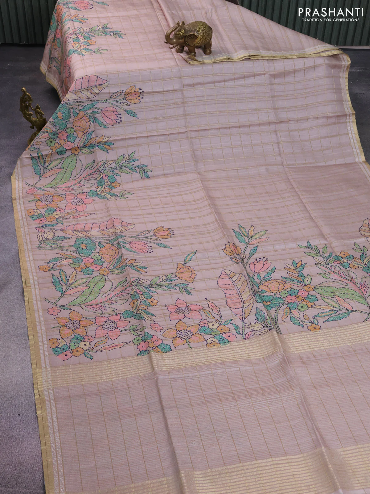 Semi tussar saree pastel brown with allover zari checks & digital prints and zari woven border - Image 2