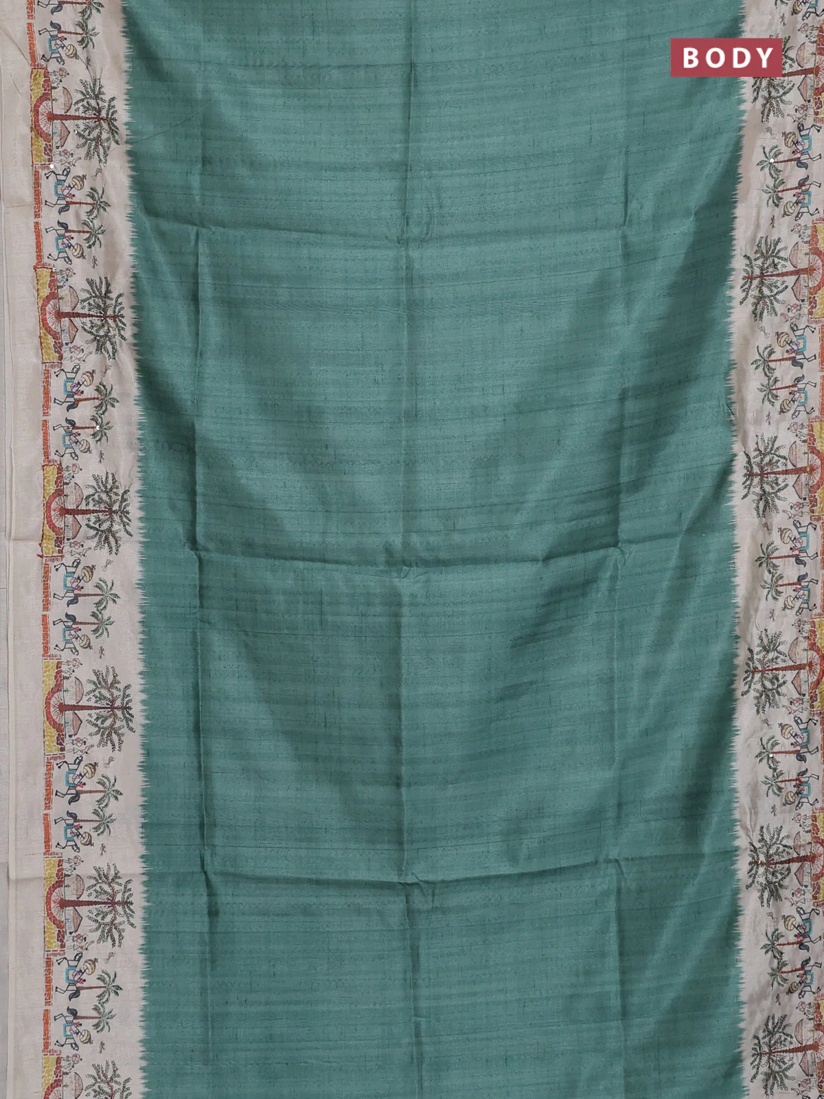 Semi tussar saree pastel green and beige with plain body and warli prints kantha stitch work border - Image 2