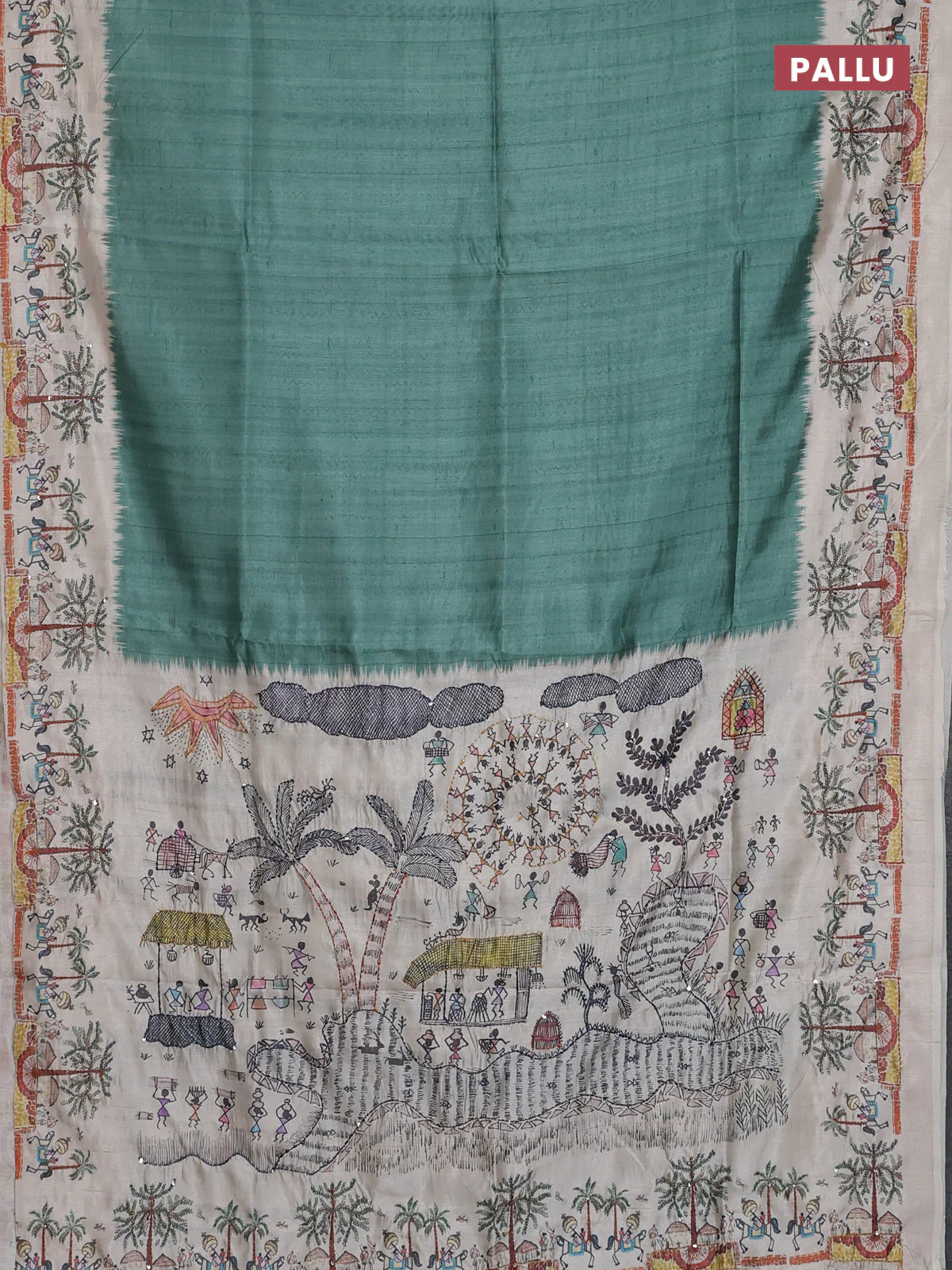 Semi tussar saree pastel green and beige with plain body and warli prints kantha stitch work border - Image 3