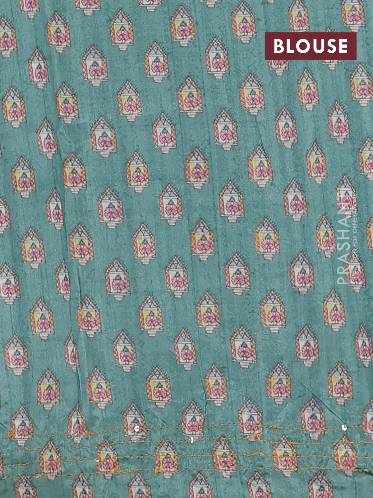 Semi tussar saree pastel green and beige with plain body and warli prints kantha stitch work border - Image 4