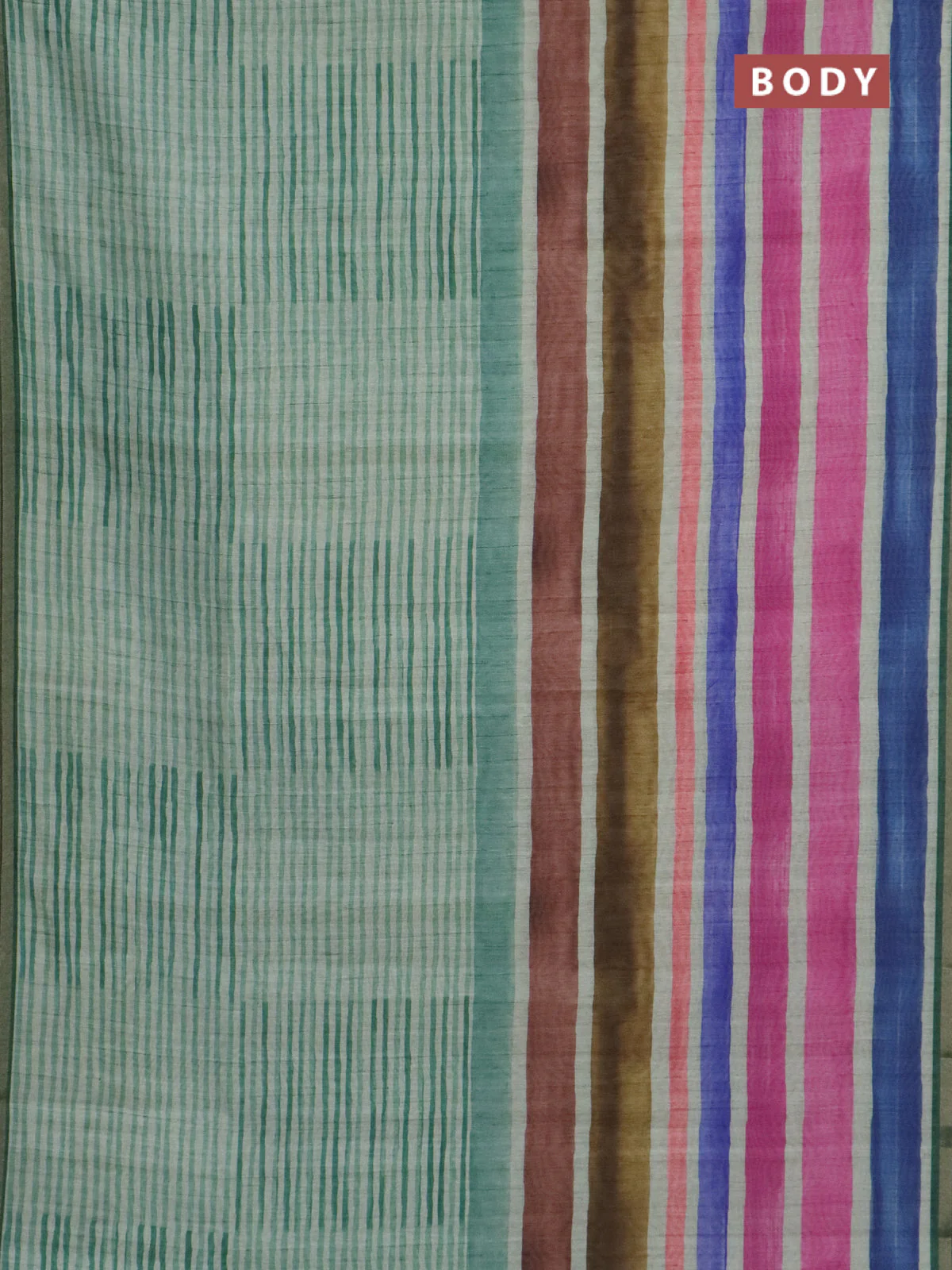 Semi tussar saree pastel green and green with allover prints and small zari woven border - Image 2