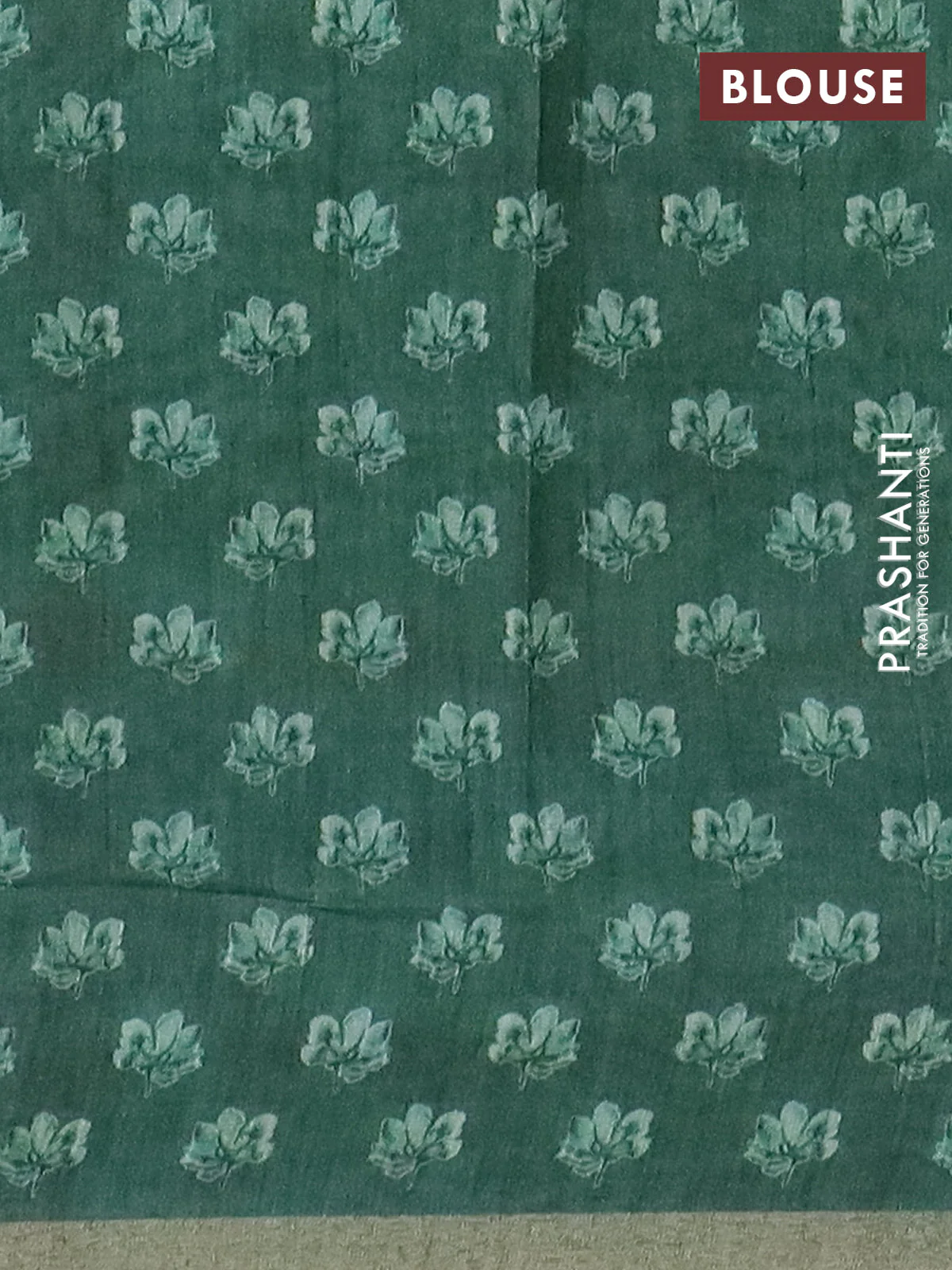 Semi tussar saree pastel green and green with allover prints and small zari woven border - Image 4