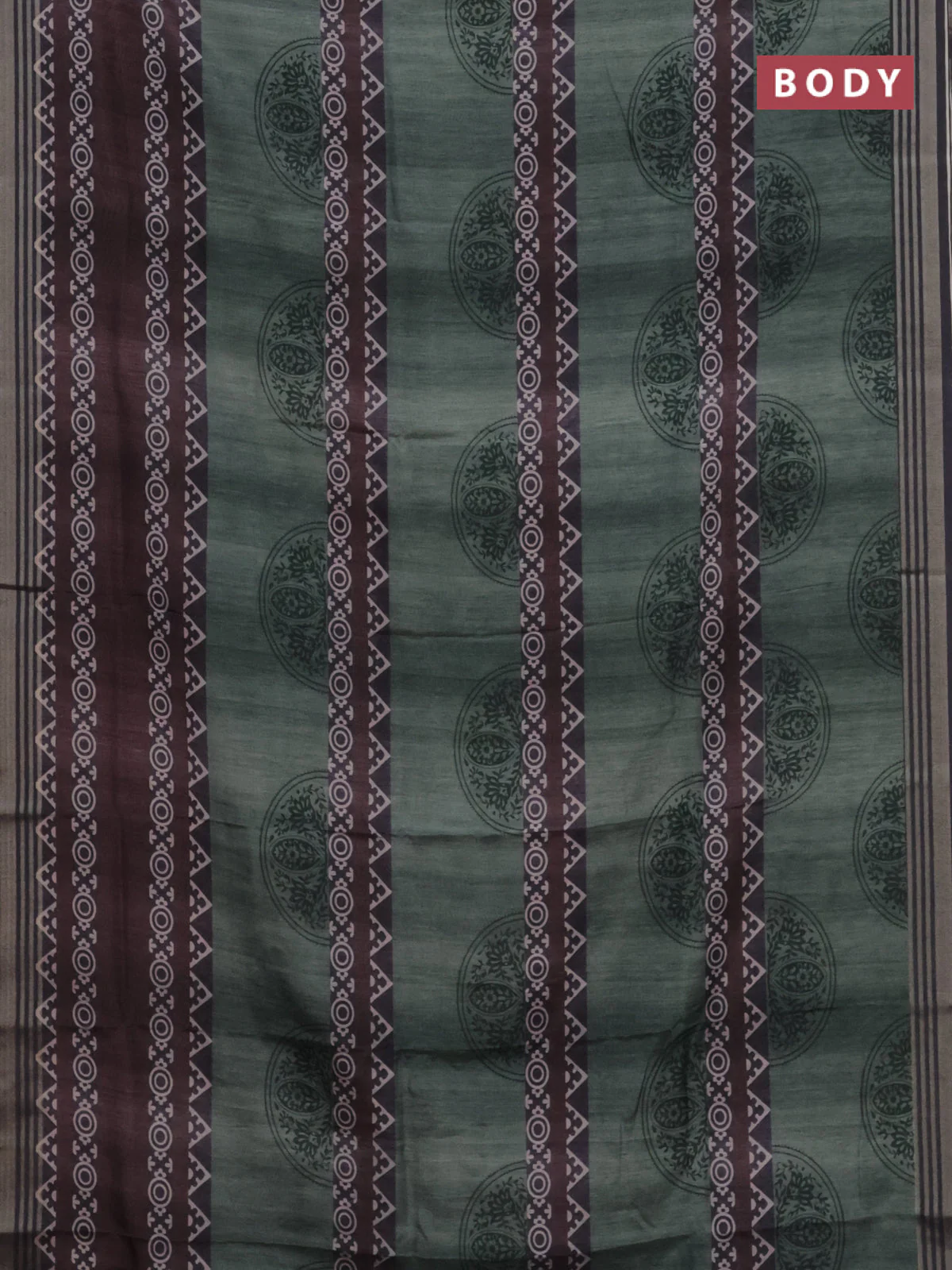 Semi tussar saree pastel green and grey with allover geometric prints and zari woven border - Image 2