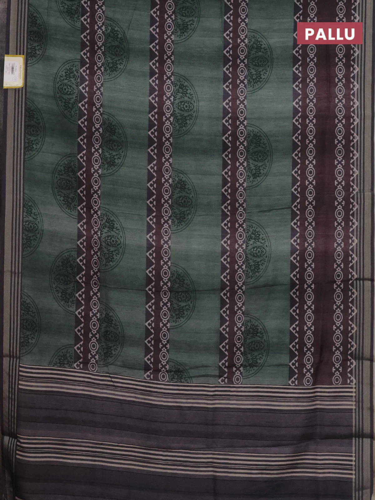 Semi tussar saree pastel green and grey with allover geometric prints and zari woven border - Image 3