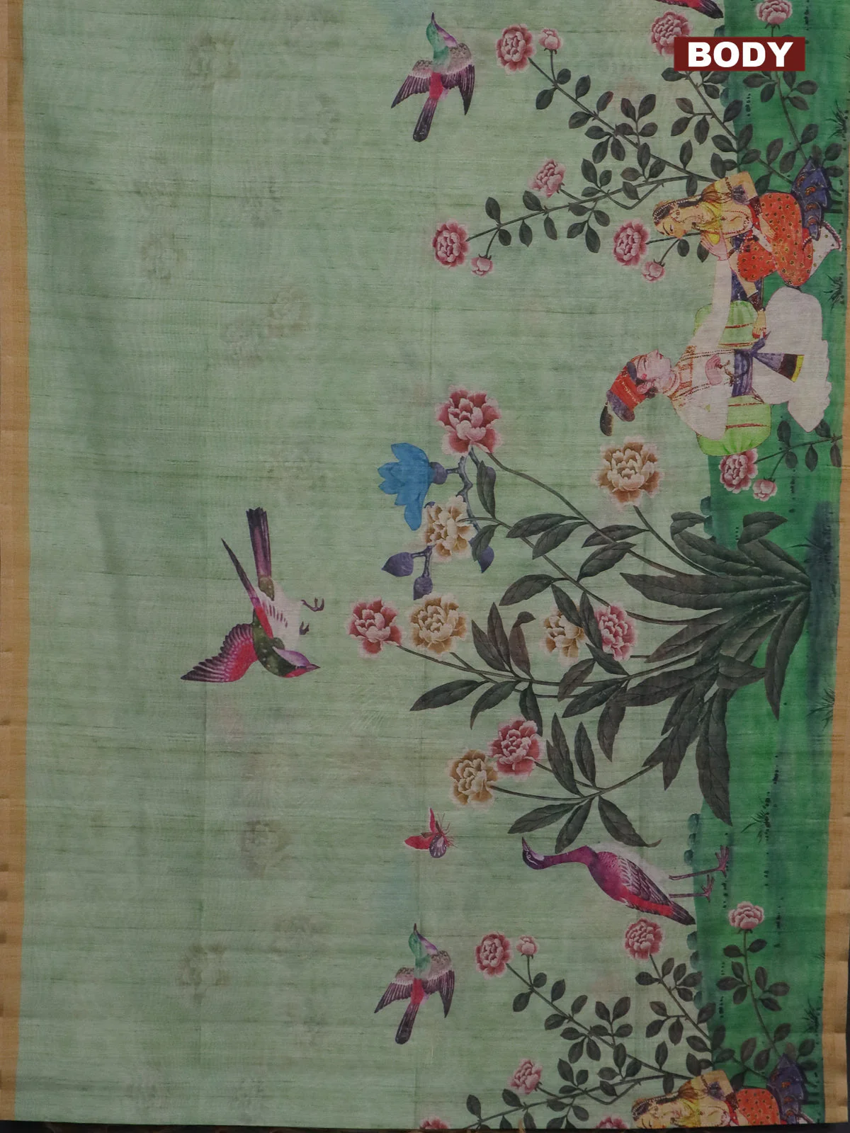 Semi tussar saree pastel green and sandal with allover prints and small zari woven border - Image 2