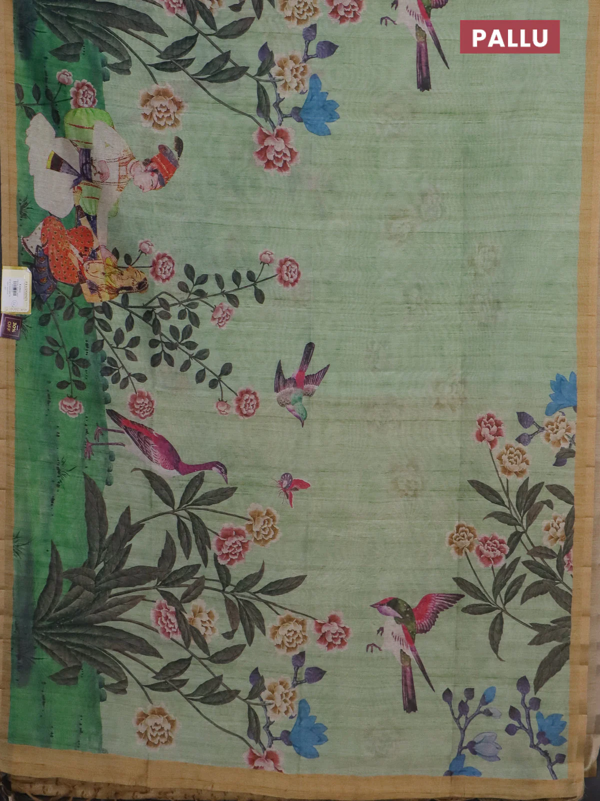 Semi tussar saree pastel green and sandal with allover prints and small zari woven border - Image 3