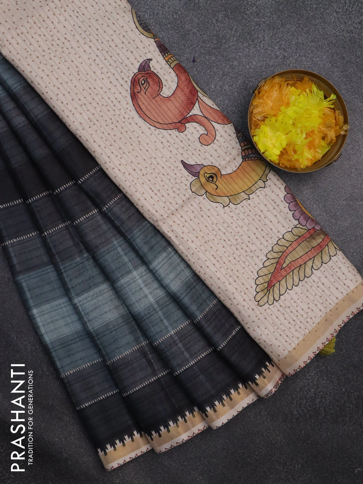 Semi tussar saree pastel green shade and beige with allover stripe parints and kalamkari printed pallu - Image 2
