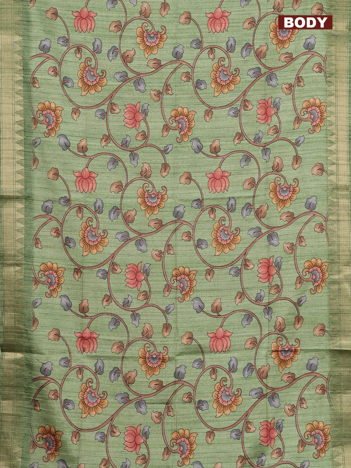 Semi tussar saree pastel green with allover floral prints and zari woven border - Image 2