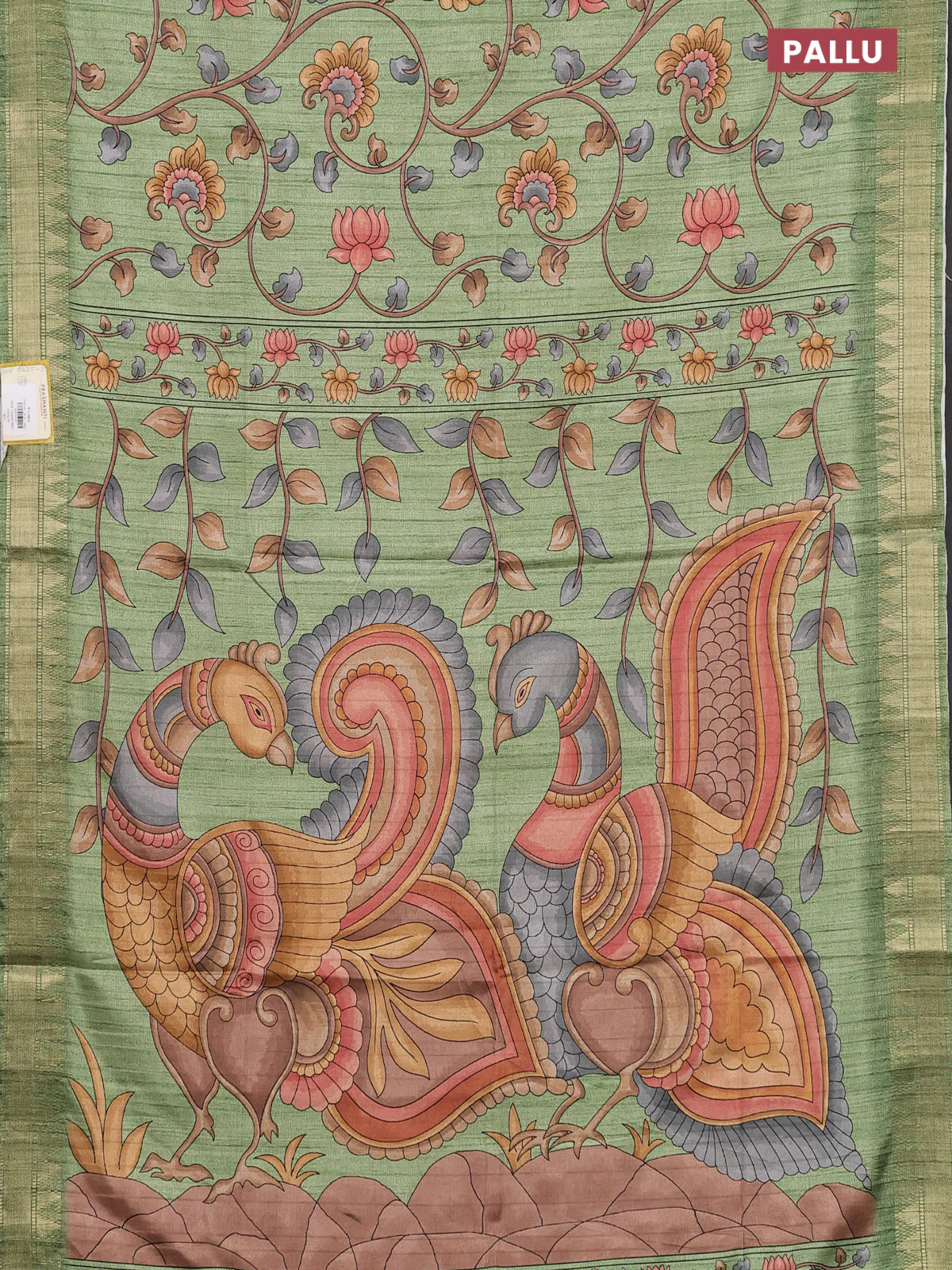 Semi tussar saree pastel green with allover floral prints and zari woven border - Image 3