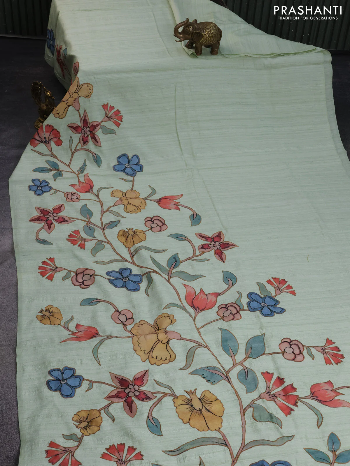 Semi tussar saree pastel green with allover kalamkari applique work in borderless style