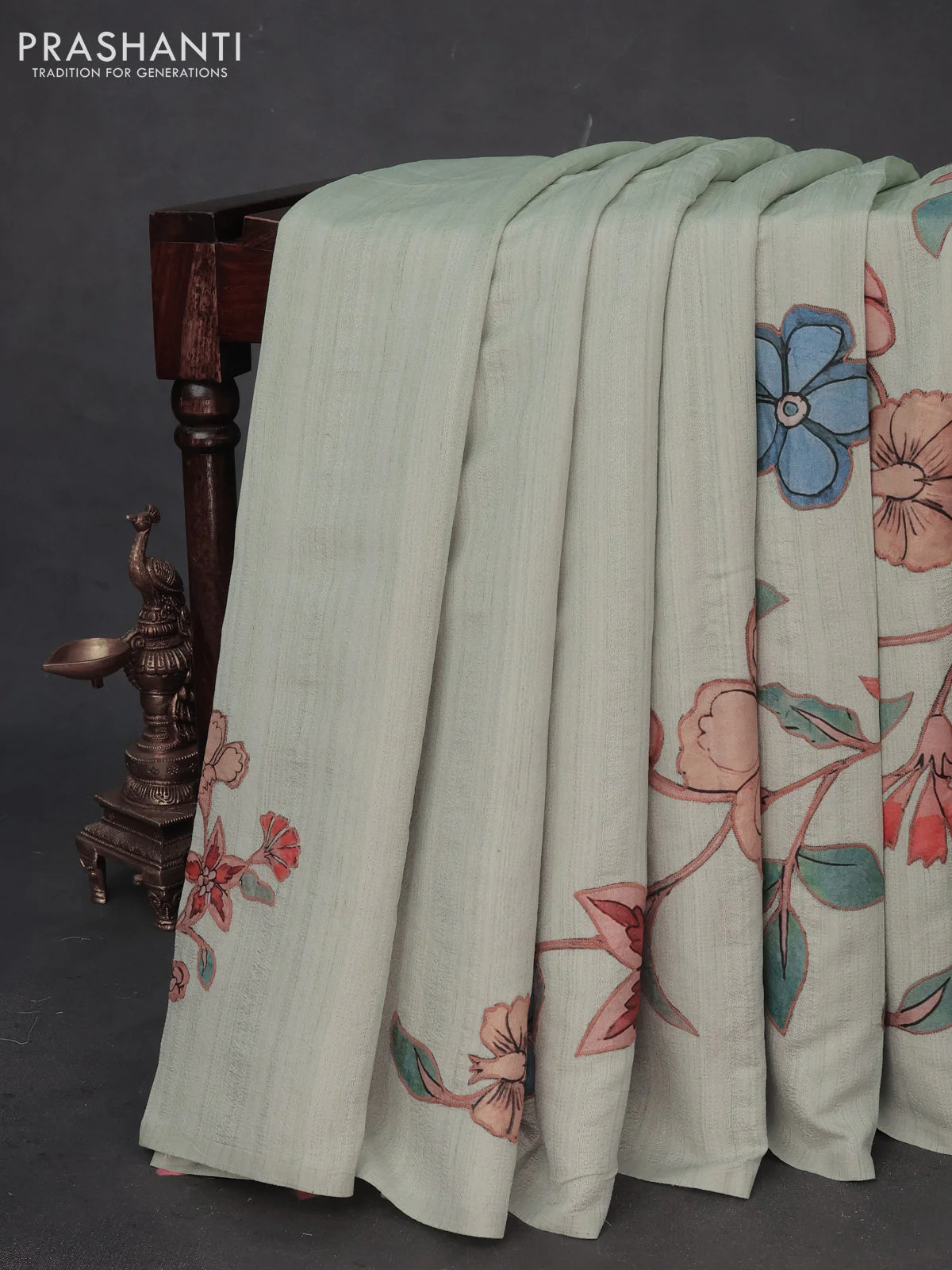 Semi tussar saree pastel green with allover kalamkari applique work in borderless style - Image 2