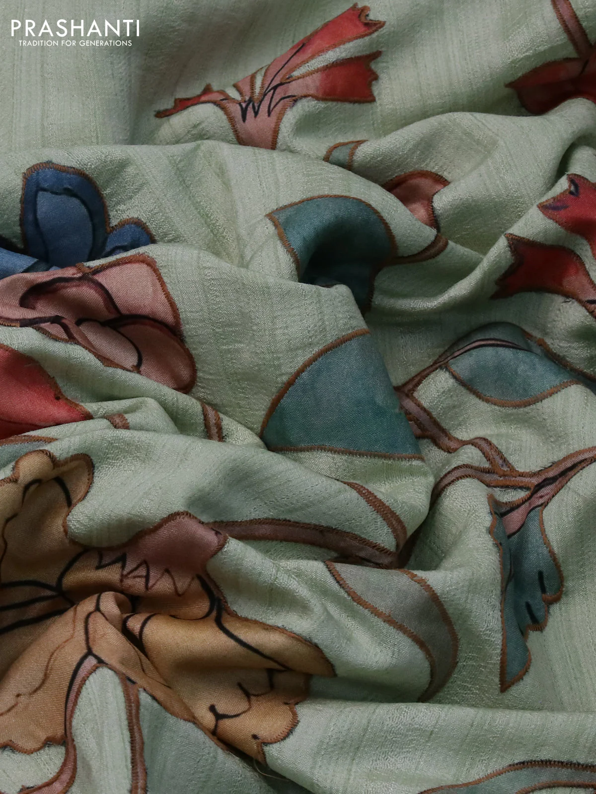 Semi tussar saree pastel green with allover kalamkari applique work in borderless style - Image 3