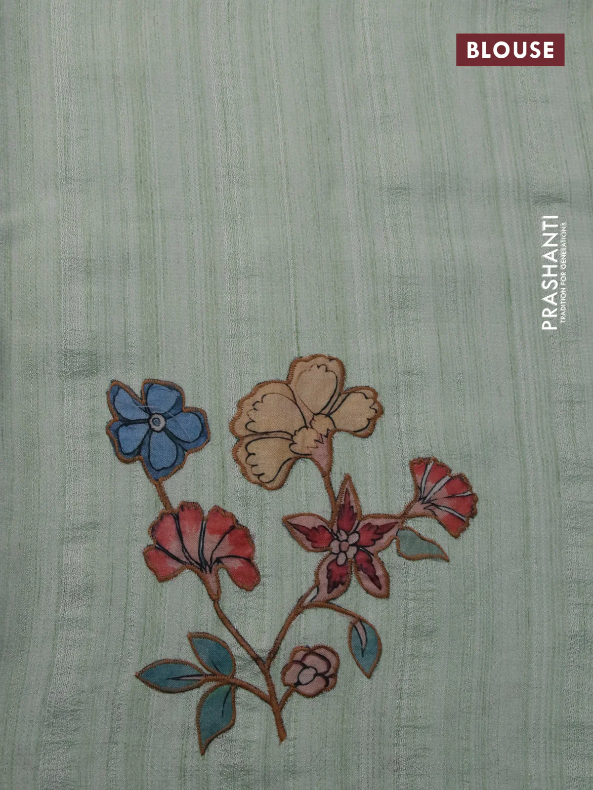 Semi tussar saree pastel green with allover kalamkari applique work in borderless style - Image 4