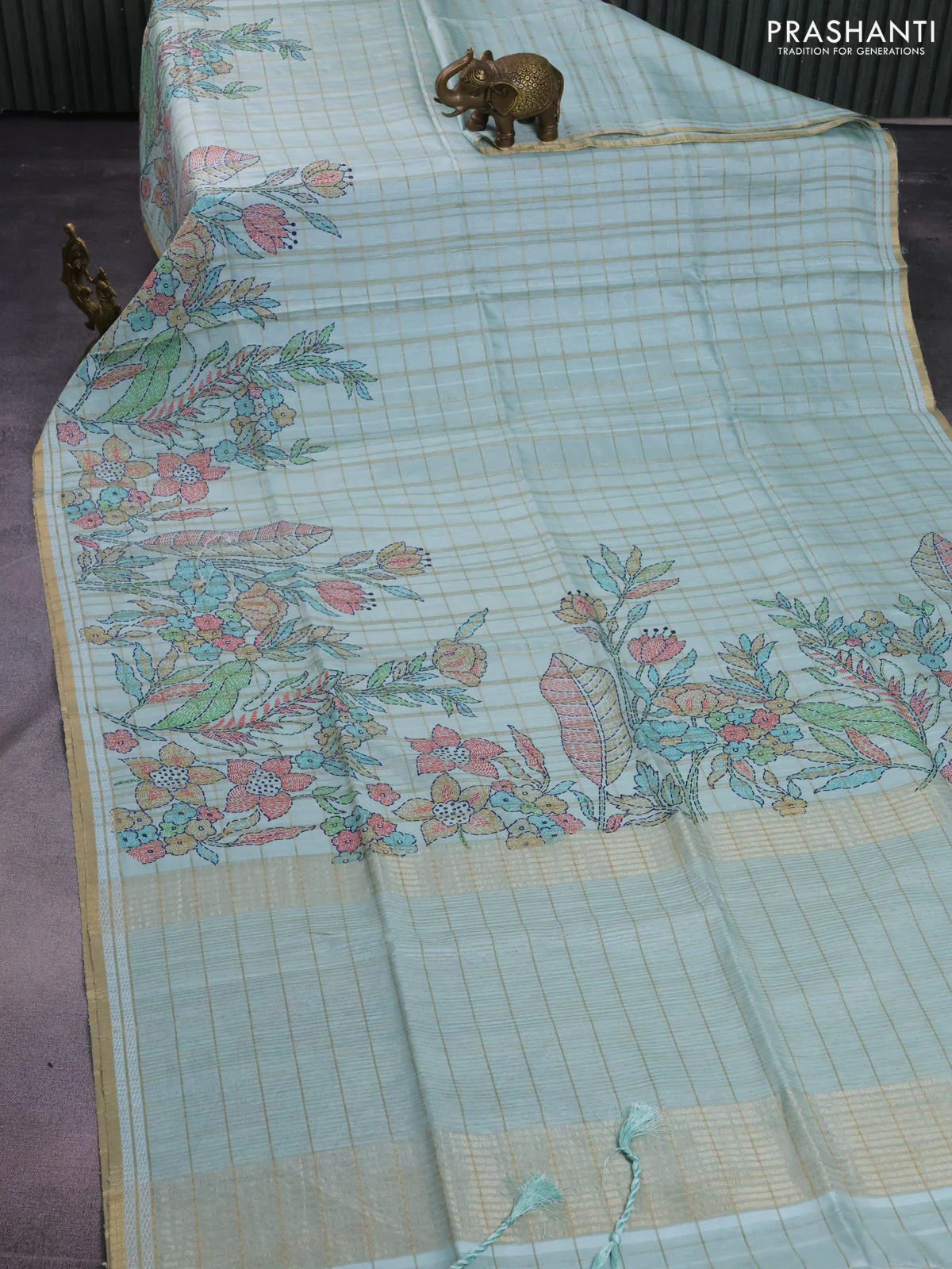 Semi tussar saree pastel green with allover zari checks & digital prints and zari woven border - Image 2