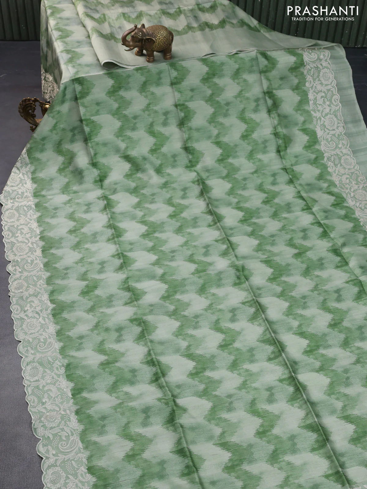 Semi tussar saree pastel green with allover zig zag digital prints and chikankari work border - Image 2