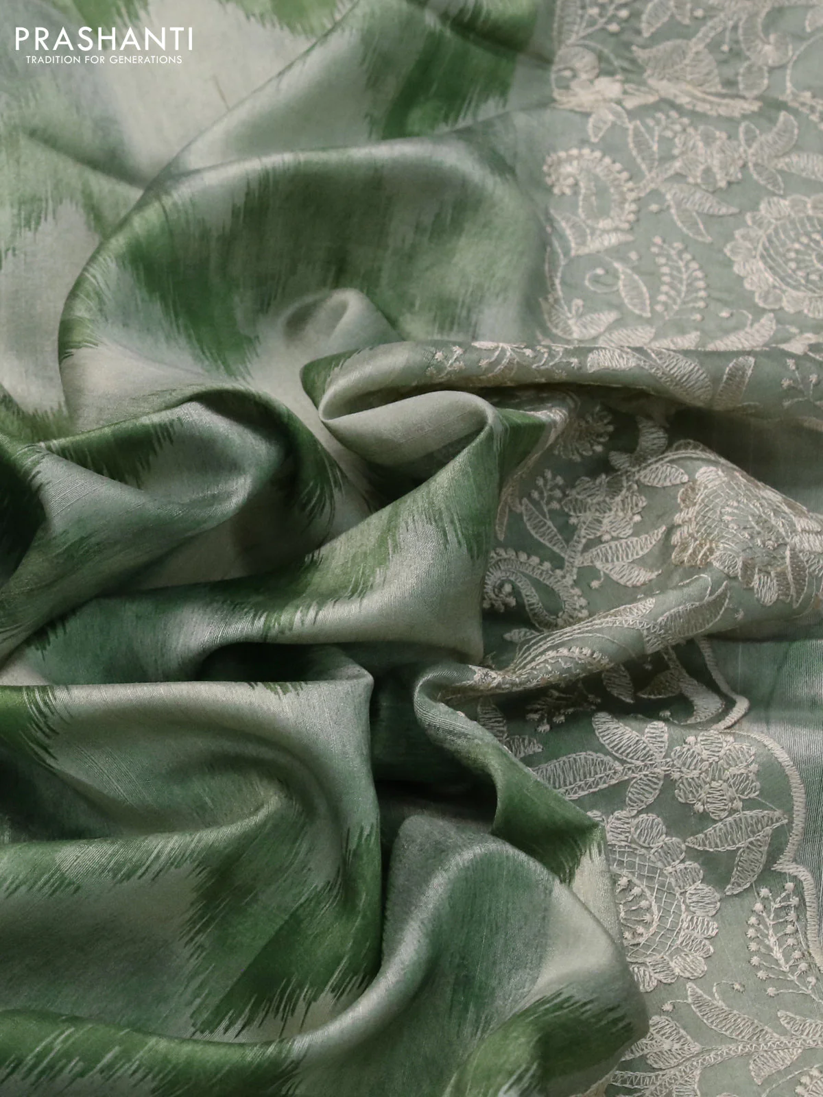 Semi tussar saree pastel green with allover zig zag digital prints and chikankari work border - Image 3