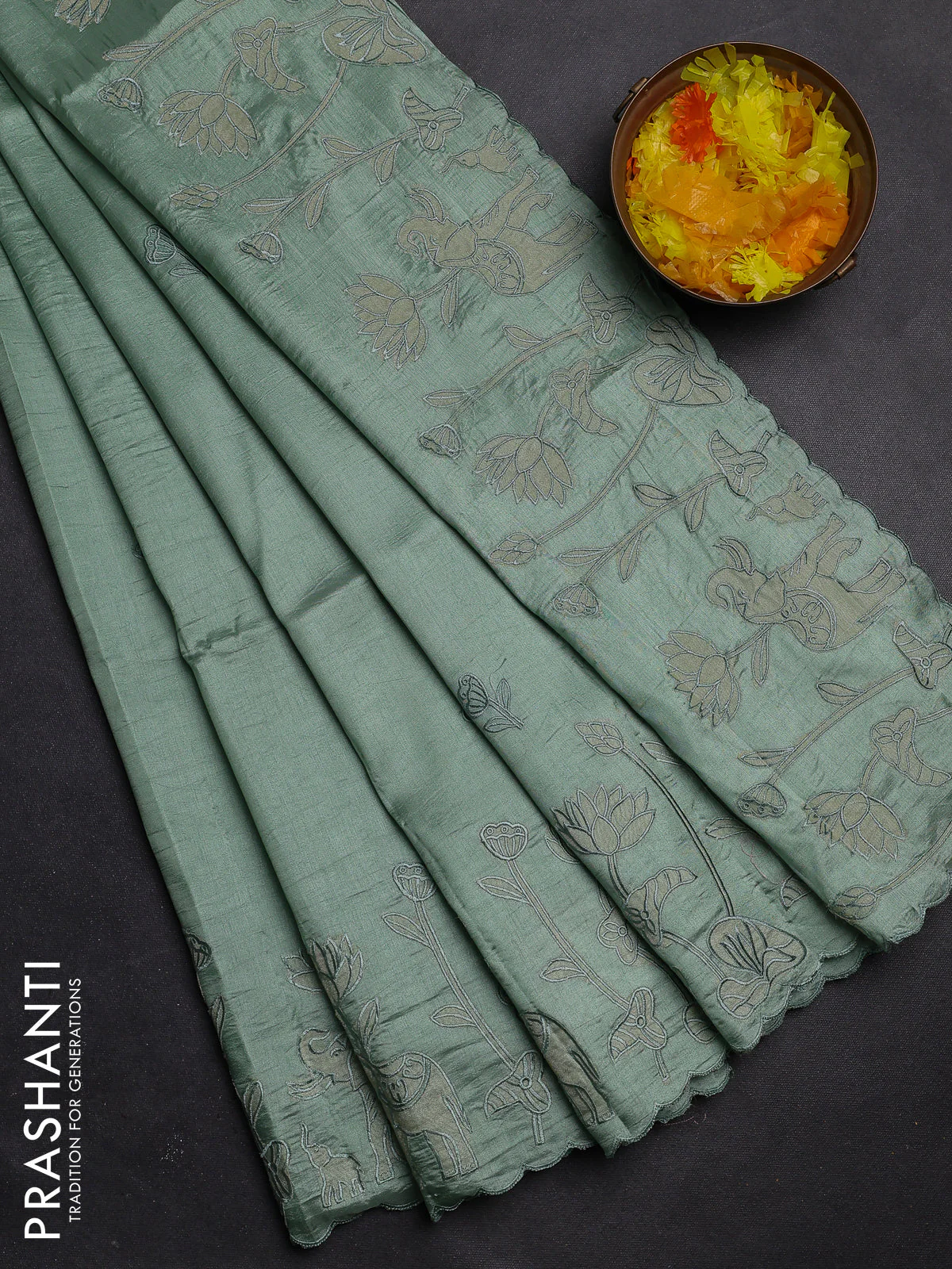 Semi tussar saree pastel green with floral embroidery work and applique work border