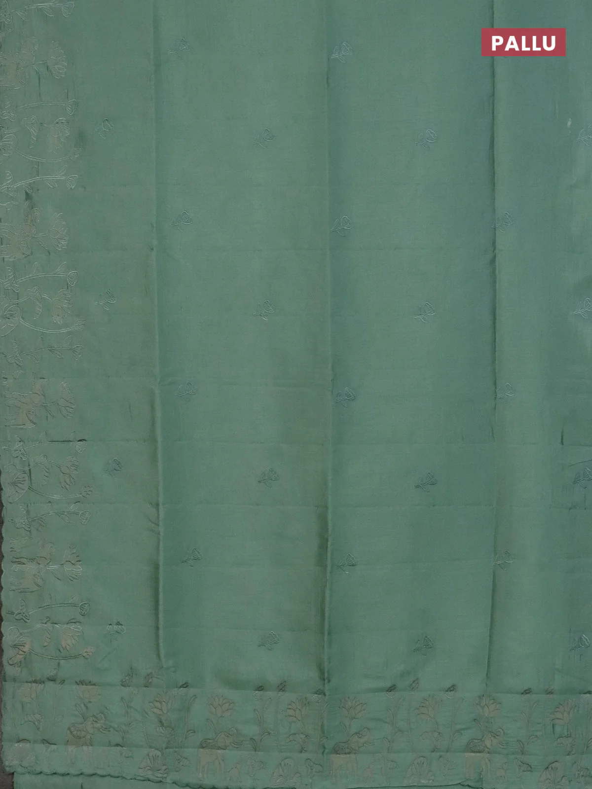 Semi tussar saree pastel green with floral embroidery work and applique work border - Image 3