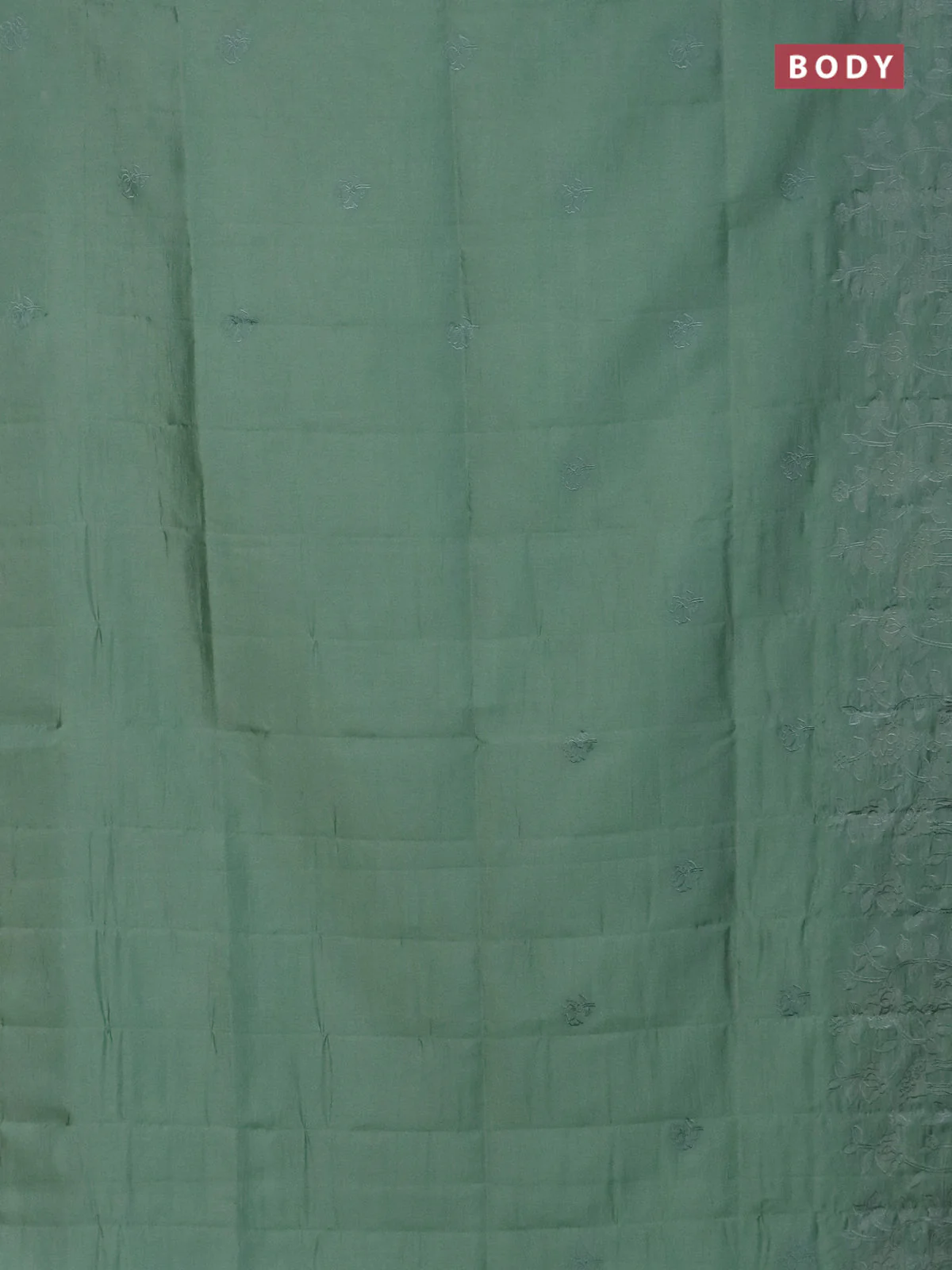 Semi tussar saree pastel green with floral embroidery work and applique work border - Image 2