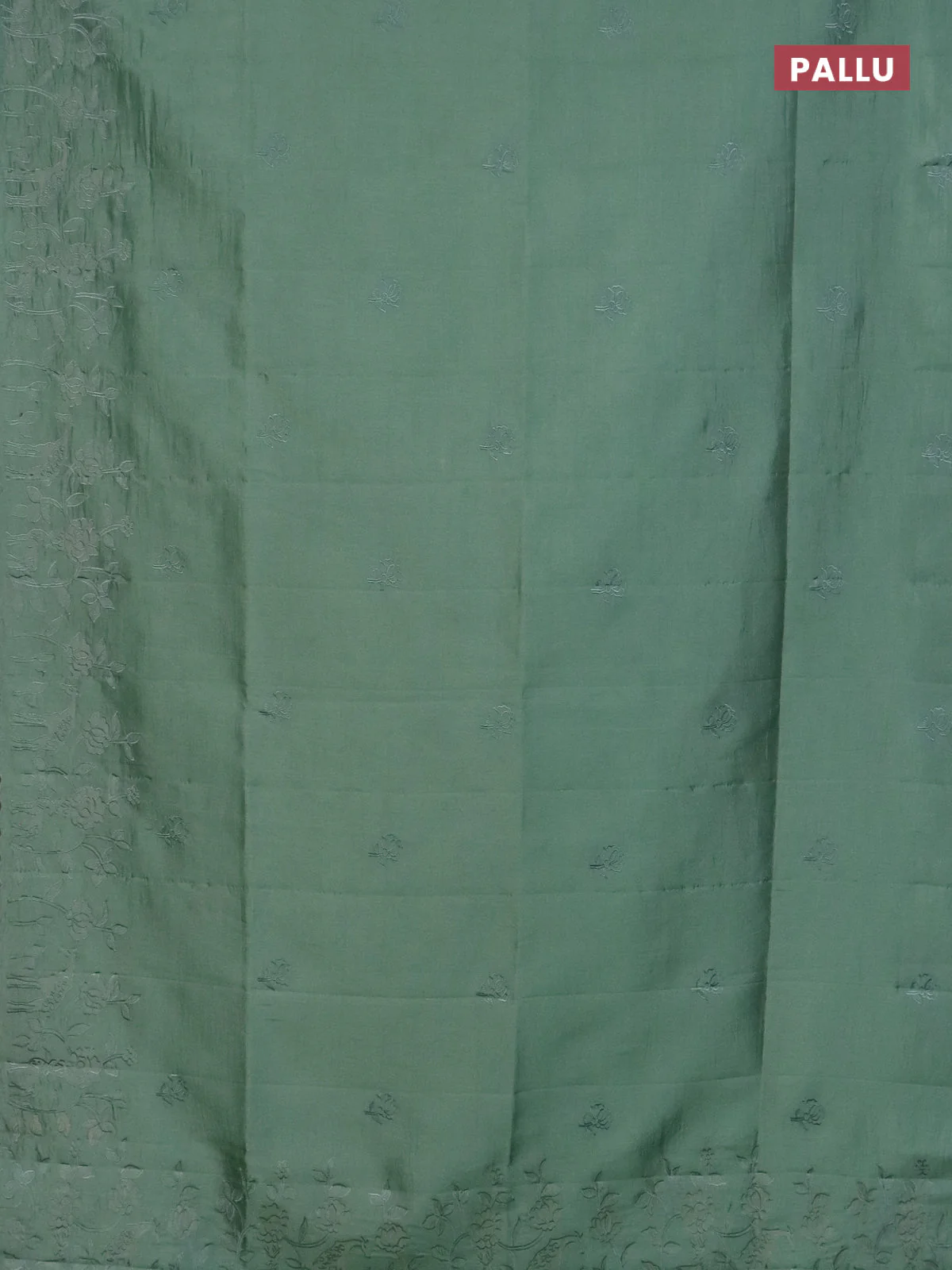 Semi tussar saree pastel green with floral embroidery work and applique work border - Image 3