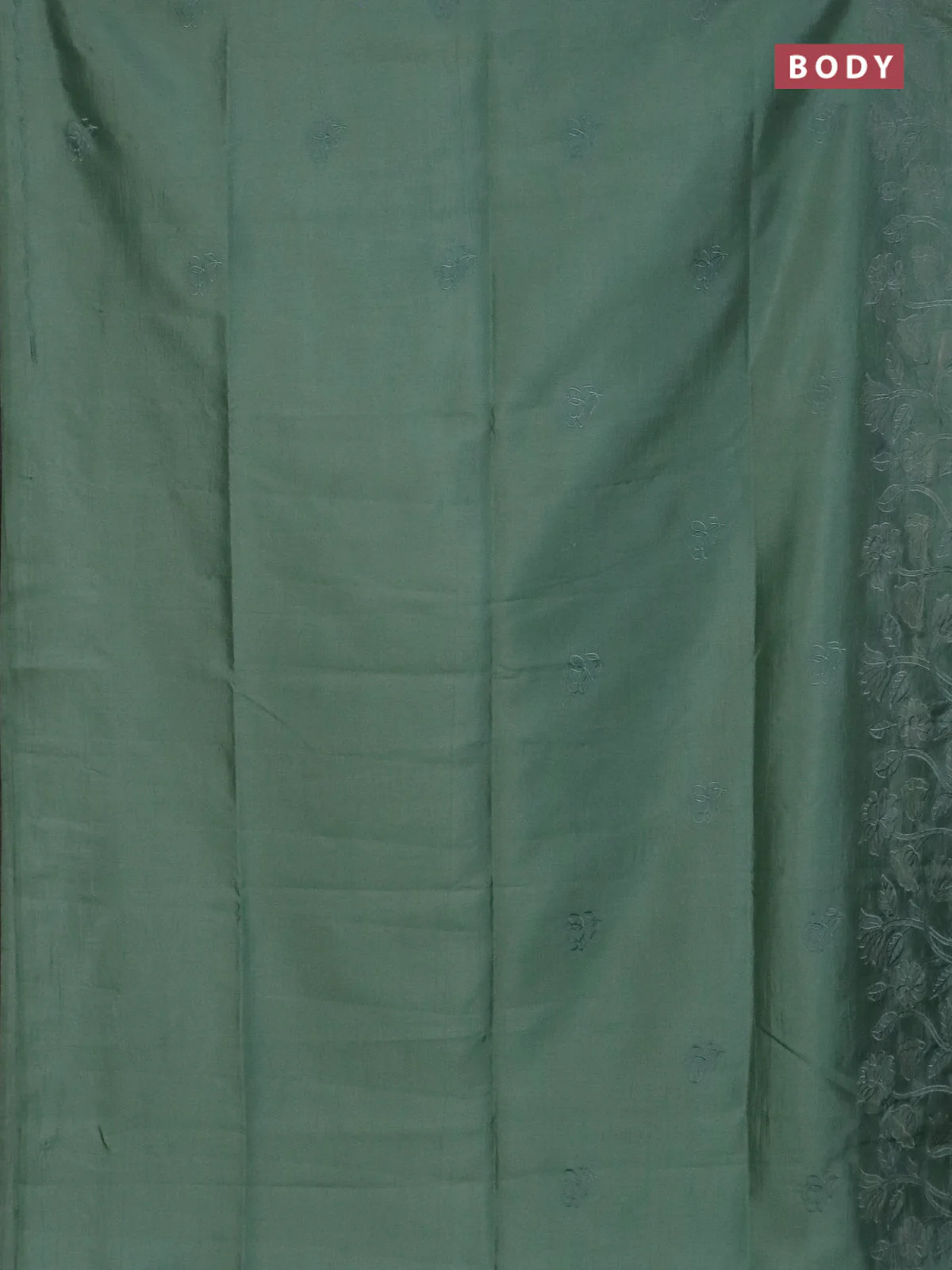 Semi tussar saree pastel green with floral embroidery work and applique work border - Image 2