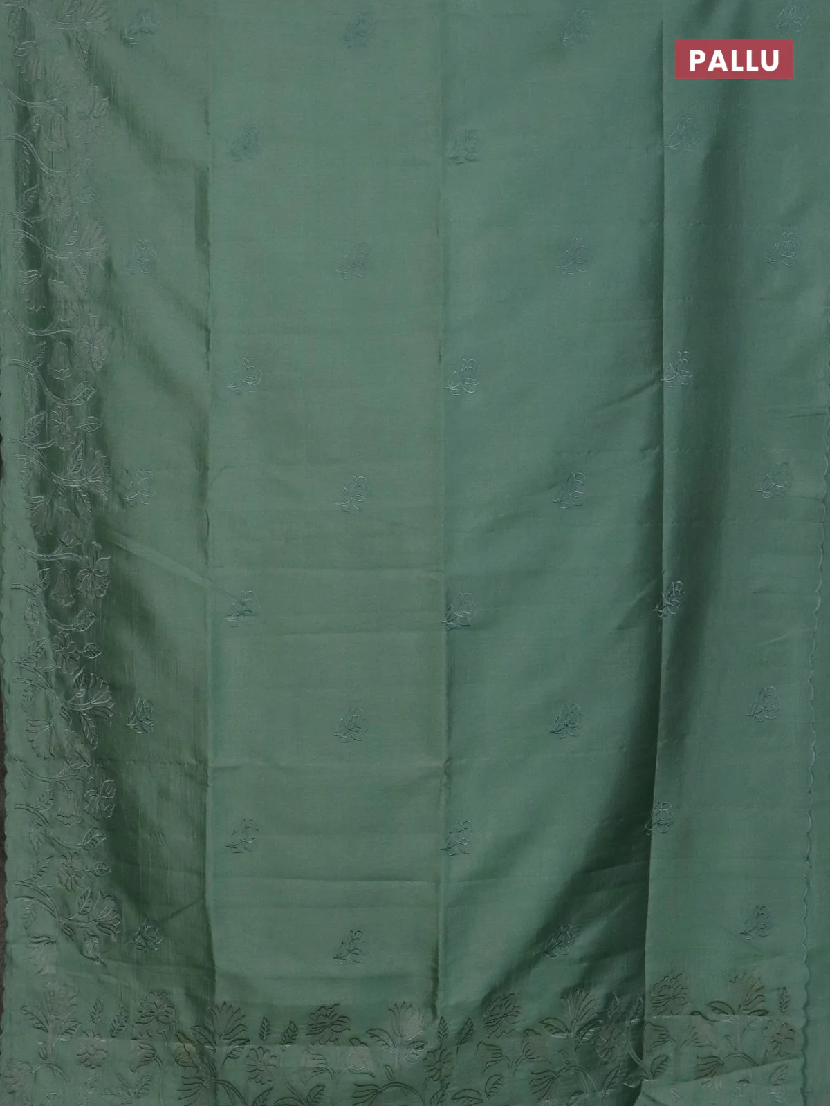 Semi tussar saree pastel green with floral embroidery work and applique work border - Image 3