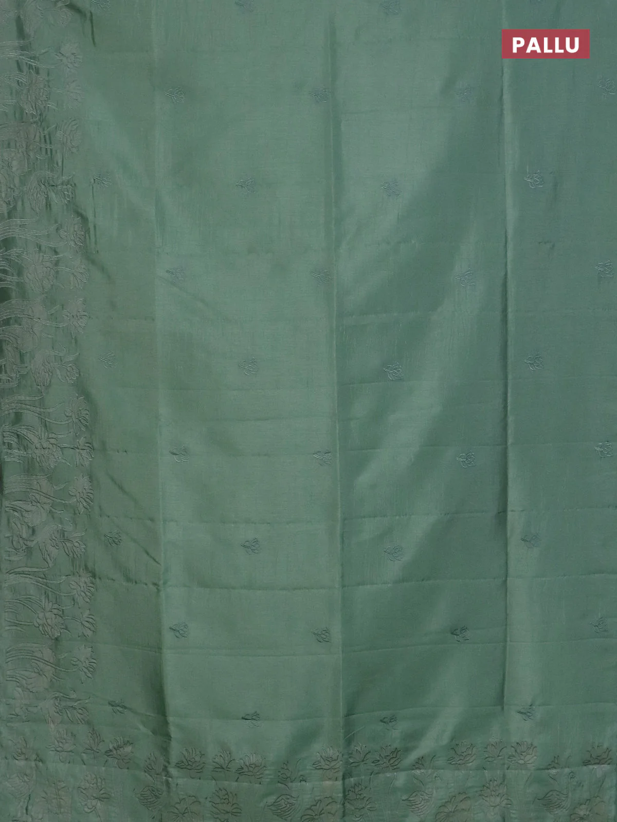 Semi tussar saree pastel green with floral embroidery work and applique work border - Image 3