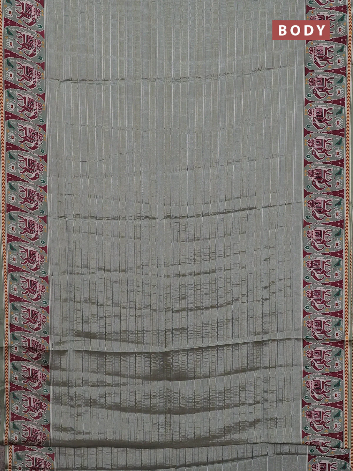 Semi tussar saree pastel green with zari stripes pattern and patola printed border - Image 2
