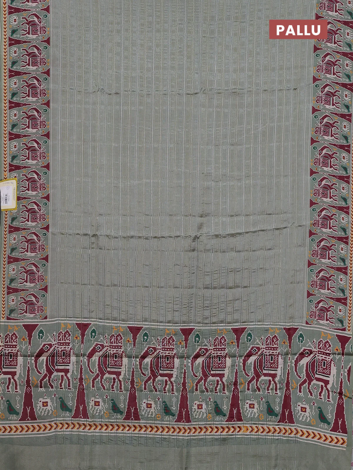 Semi tussar saree pastel green with zari stripes pattern and patola printed border - Image 3