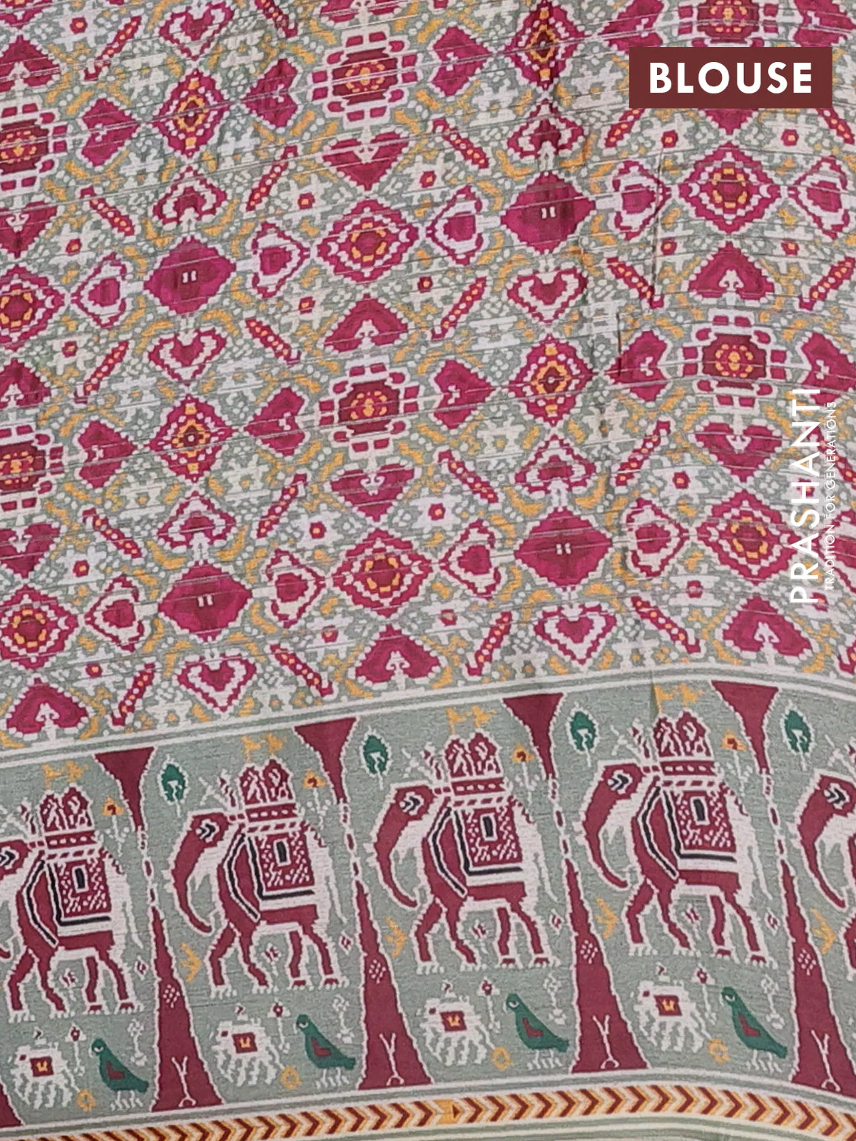 Semi tussar saree pastel green with zari stripes pattern and patola printed border - Image 4