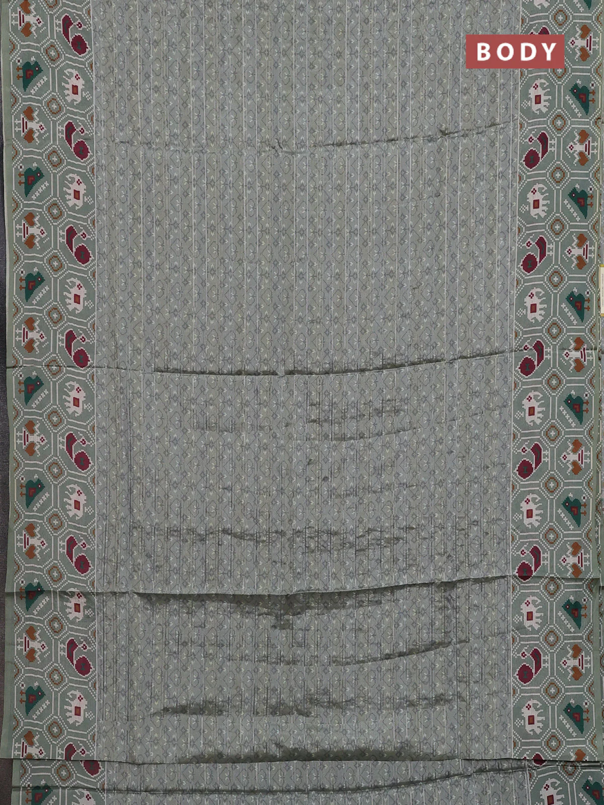 Semi tussar saree pastel green with zari stripes pattern and patola printed border - Image 2