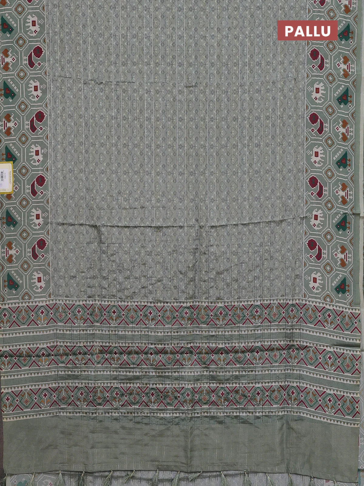 Semi tussar saree pastel green with zari stripes pattern and patola printed border - Image 3