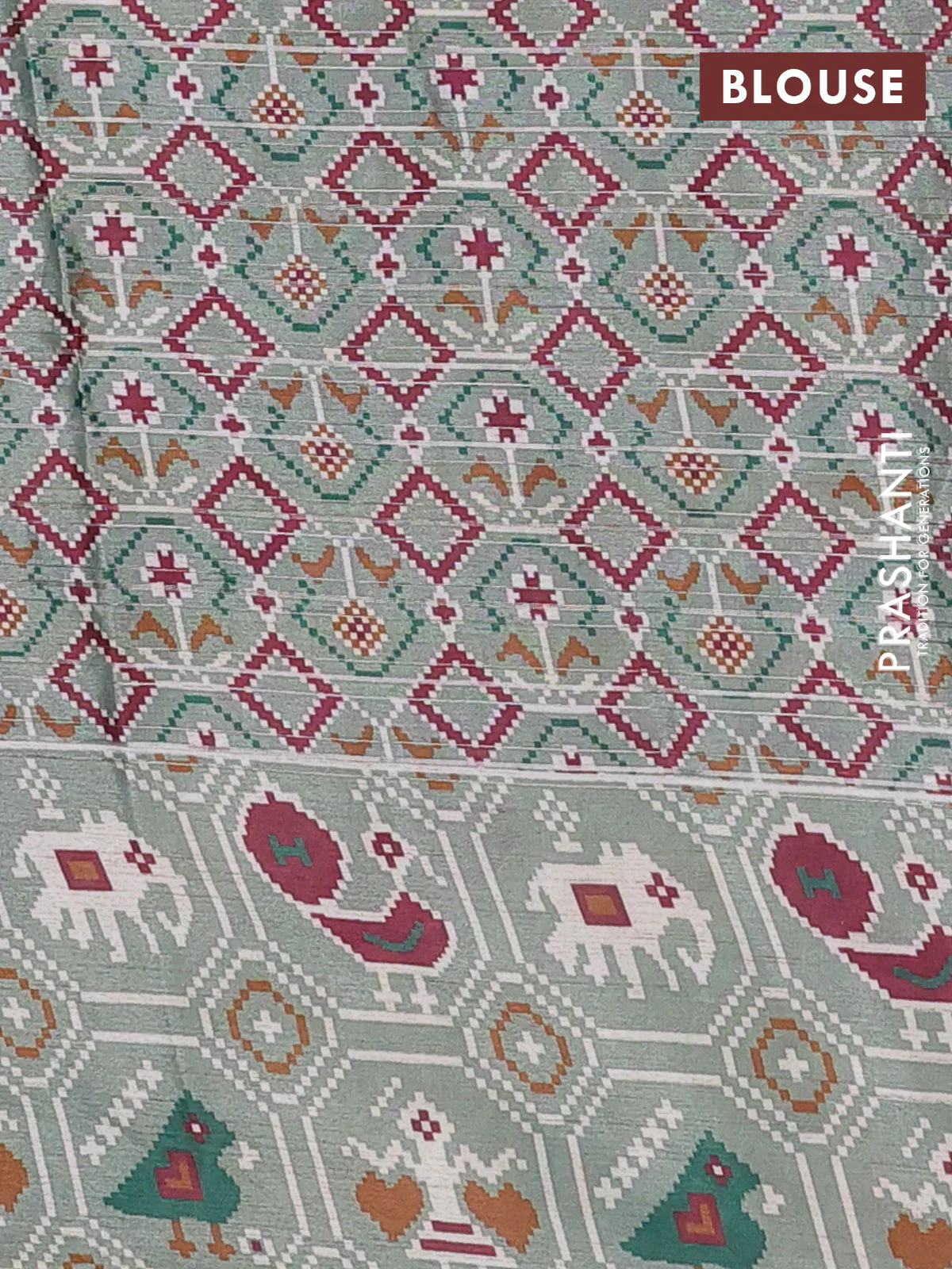 Semi tussar saree pastel green with zari stripes pattern and patola printed border - Image 4