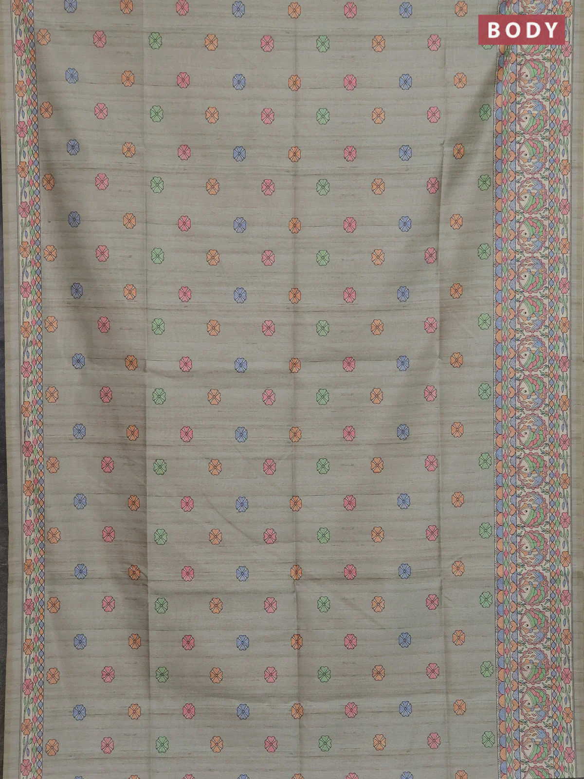 Semi tussar saree pastel grey and beige with allover butta prints and madhubani printed pallu & border - Image 2