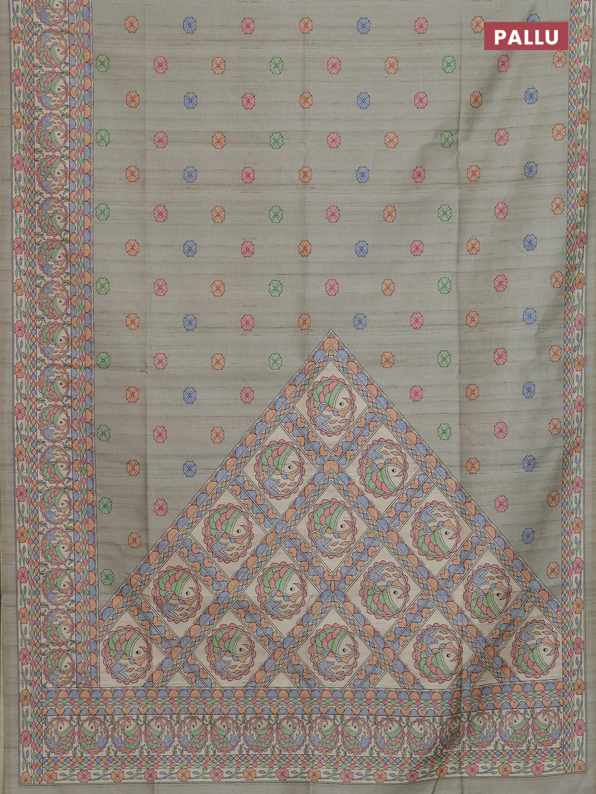 Semi tussar saree pastel grey and beige with allover butta prints and madhubani printed pallu & border - Image 3
