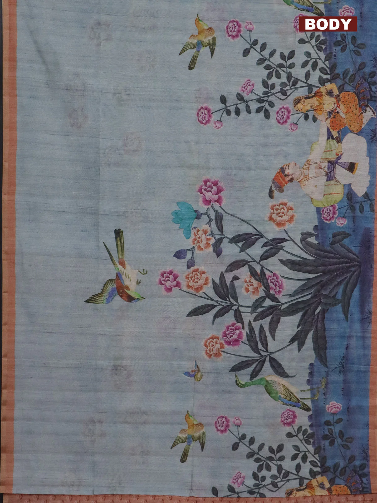 Semi tussar saree pastel grey and peach shade with allover prints and small zari woven border - Image 2