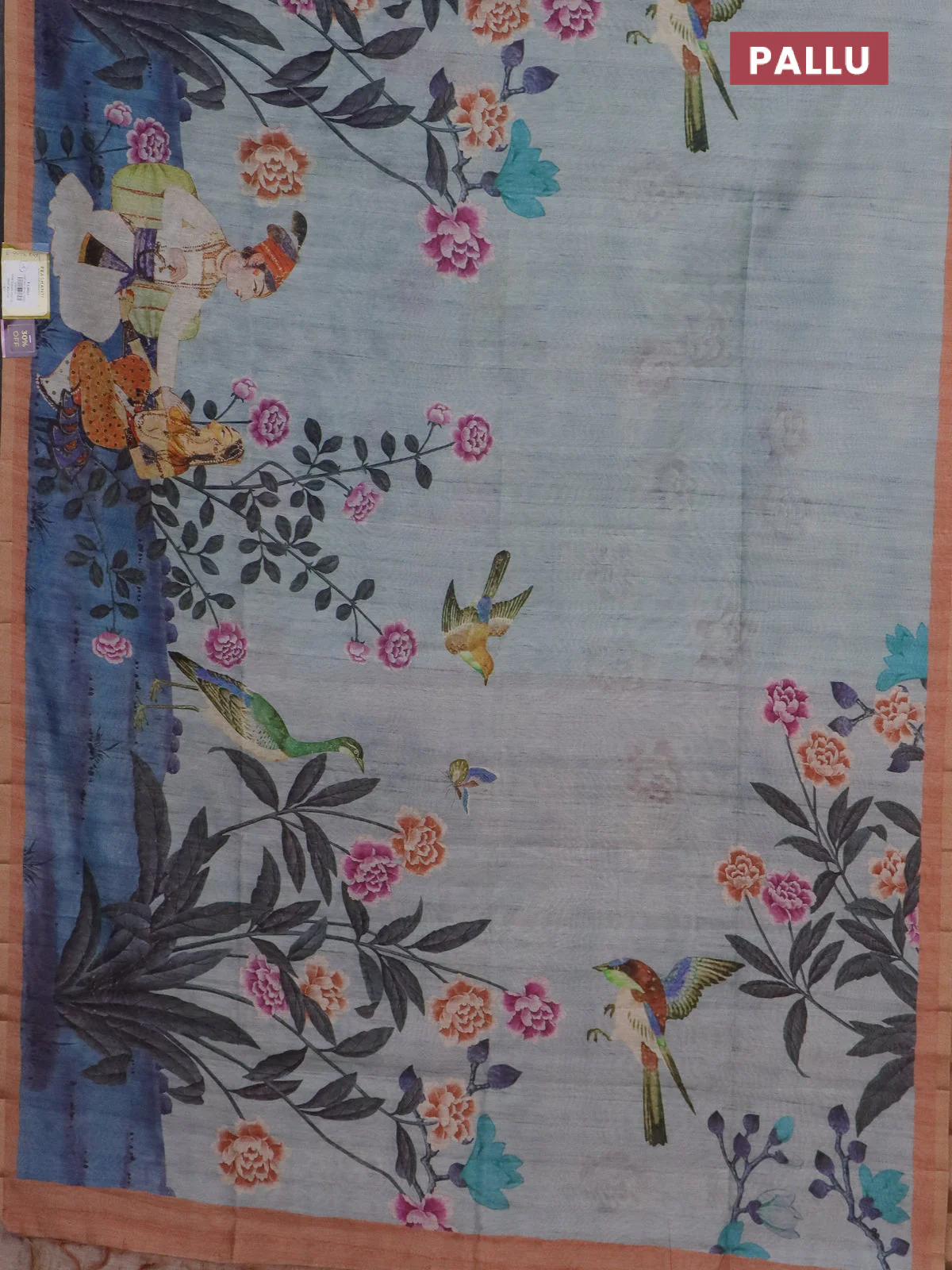 Semi tussar saree pastel grey and peach shade with allover prints and small zari woven border - Image 3