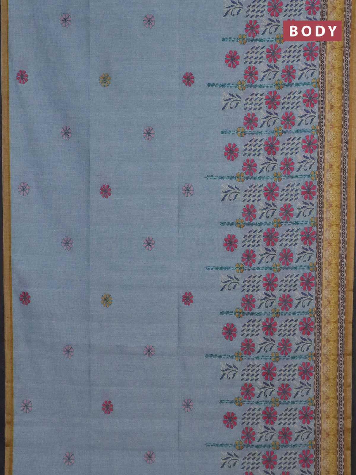 Semi tussar saree pastel grey and yellow with allover prints and small zari woven border - Image 2