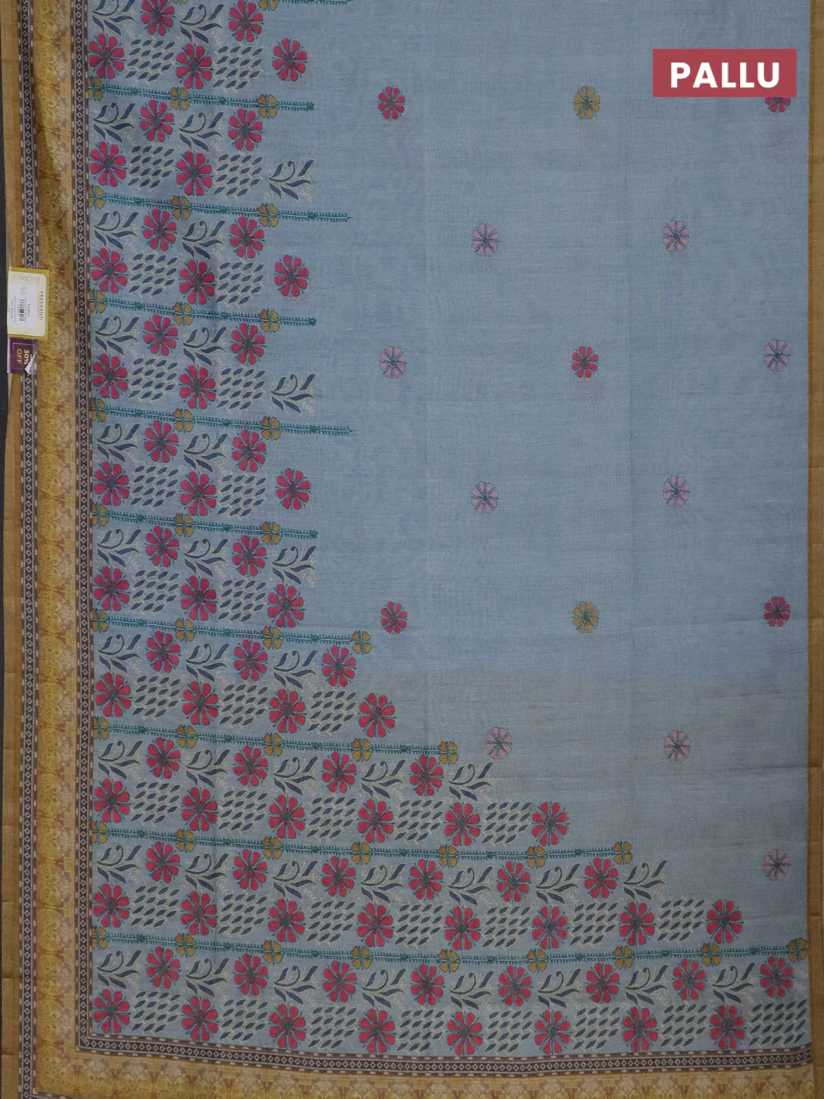 Semi tussar saree pastel grey and yellow with allover prints and small zari woven border - Image 3