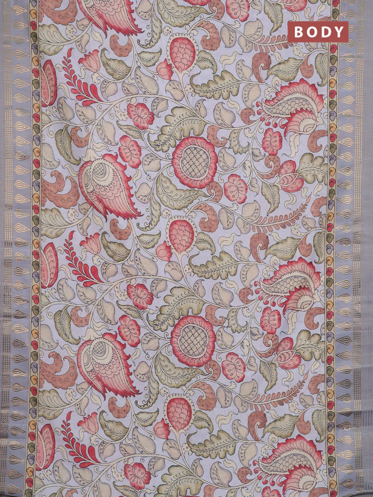 Semi tussar saree pastel grey with allover kalamkari prints and zari woven border - Image 2