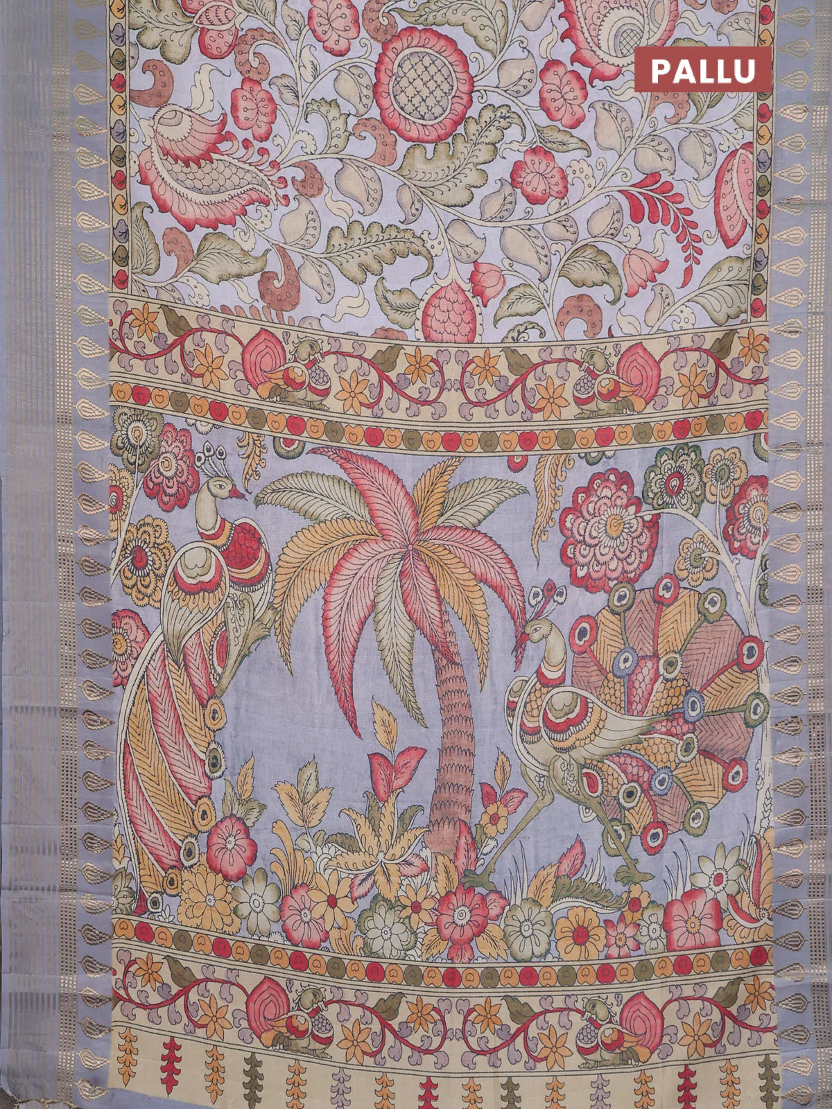 Semi tussar saree pastel grey with allover kalamkari prints and zari woven border - Image 3