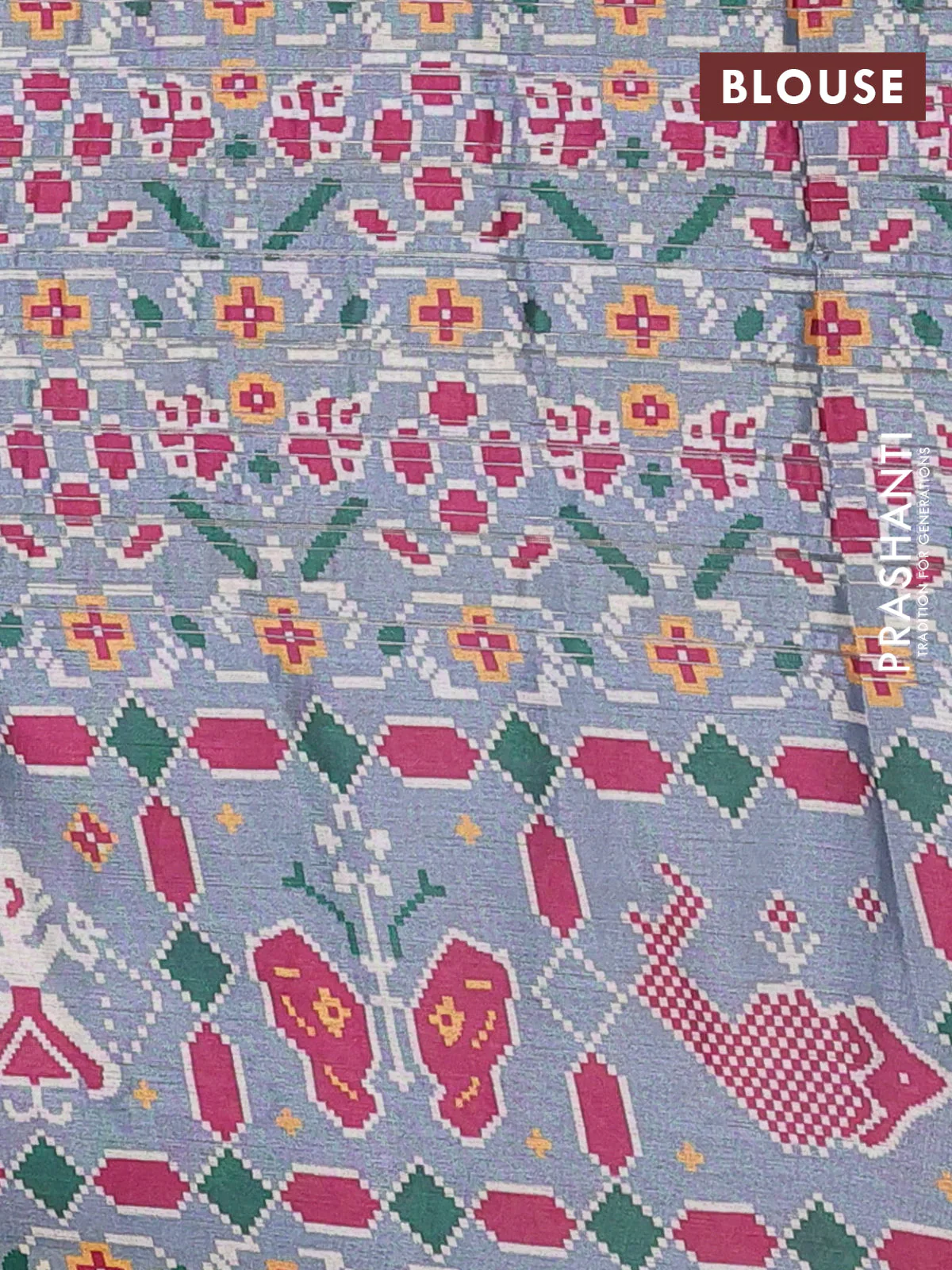 Semi tussar saree pastel grey with leheriya prints and patola printed border - Image 4