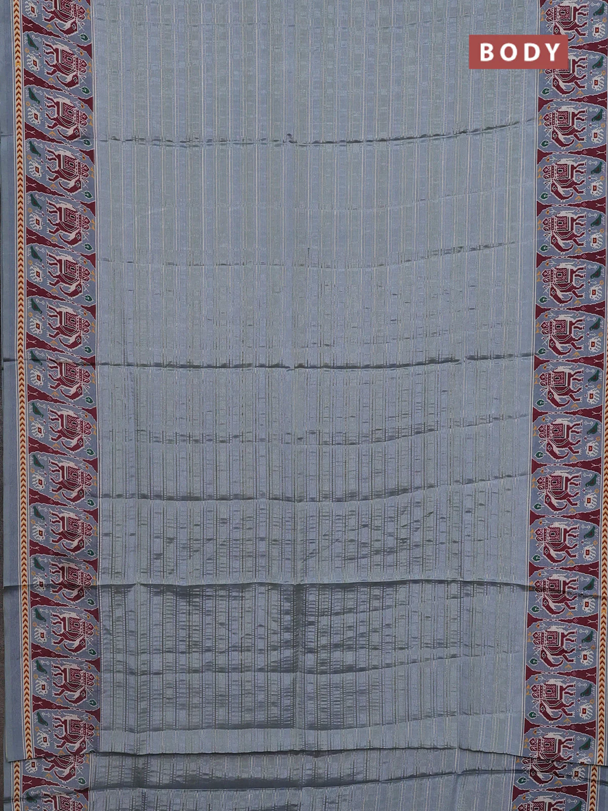 Semi tussar saree pastel grey with zari stripes pattern and patola printed border - Image 2
