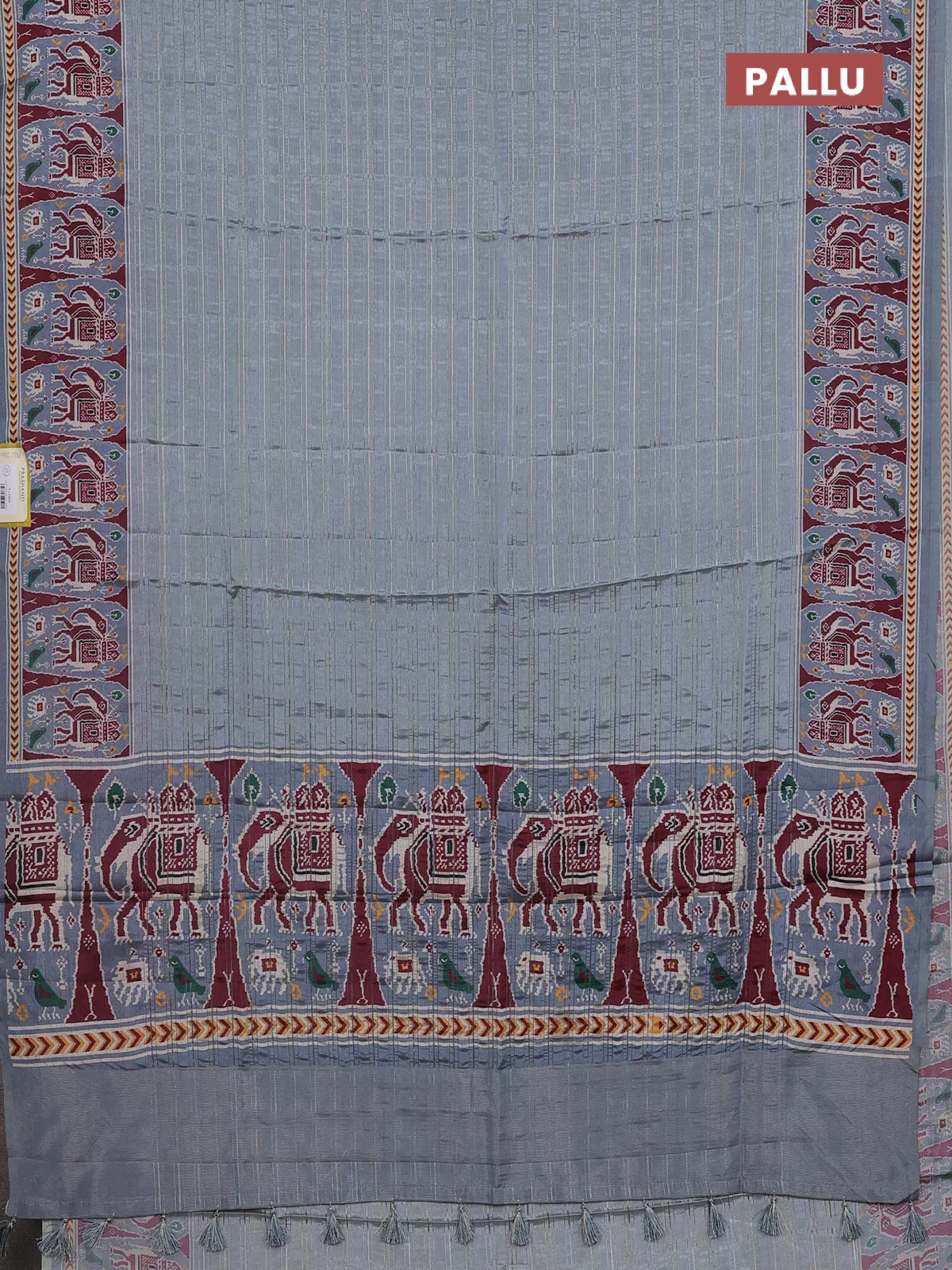 Semi tussar saree pastel grey with zari stripes pattern and patola printed border - Image 3