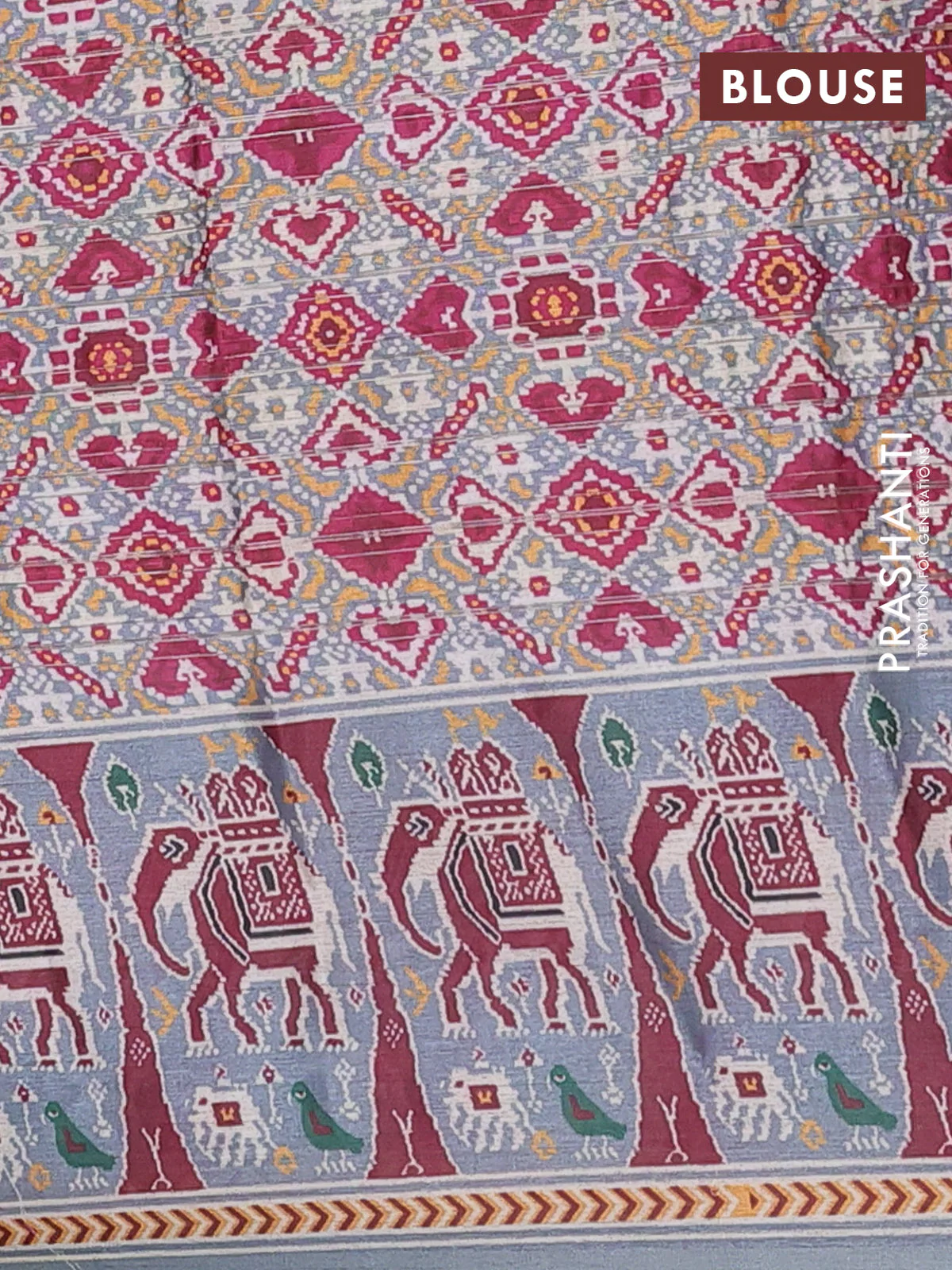 Semi tussar saree pastel grey with zari stripes pattern and patola printed border - Image 4