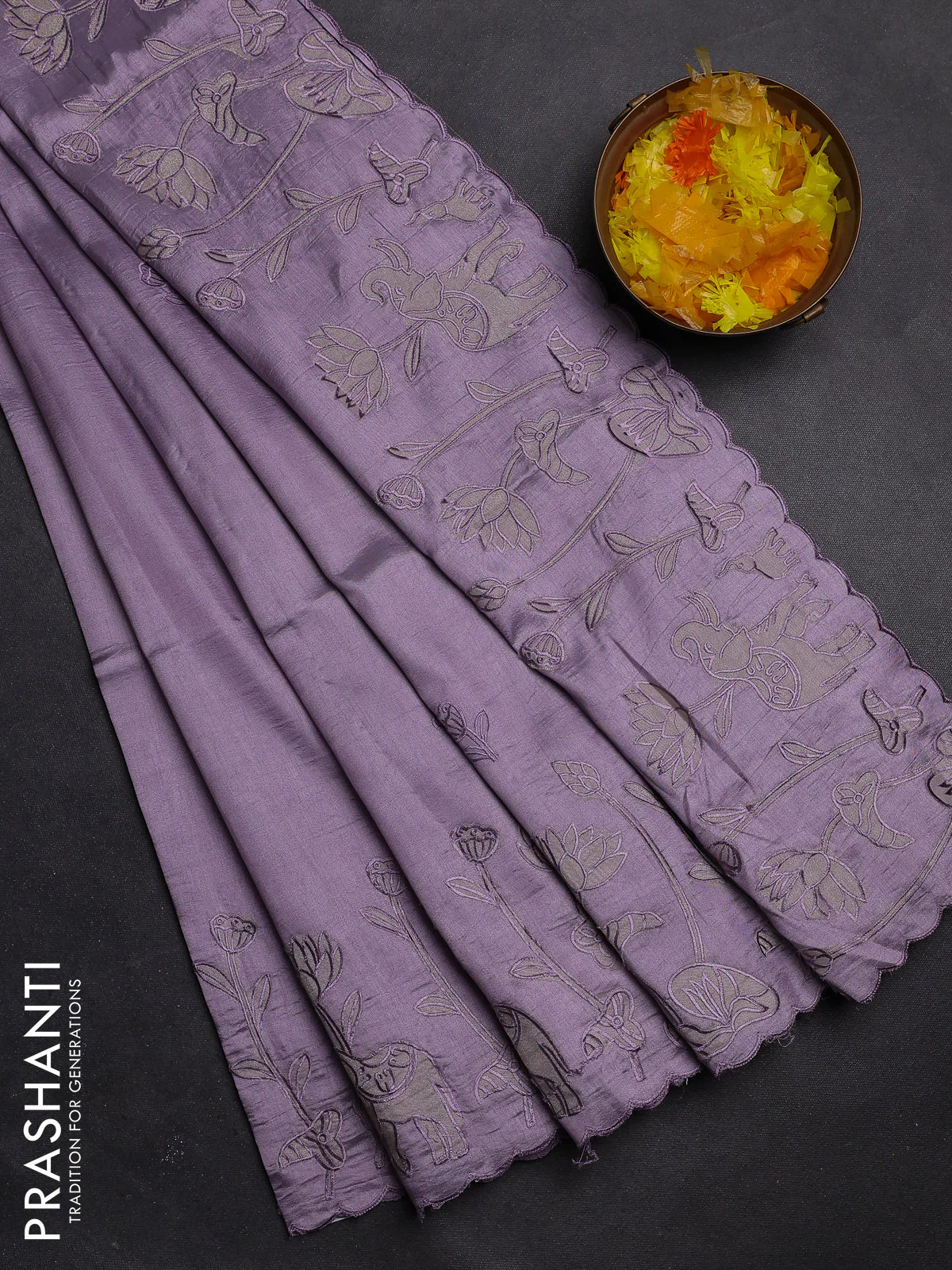 Semi tussar saree pastel lavender with floral embroidery work and applique work border